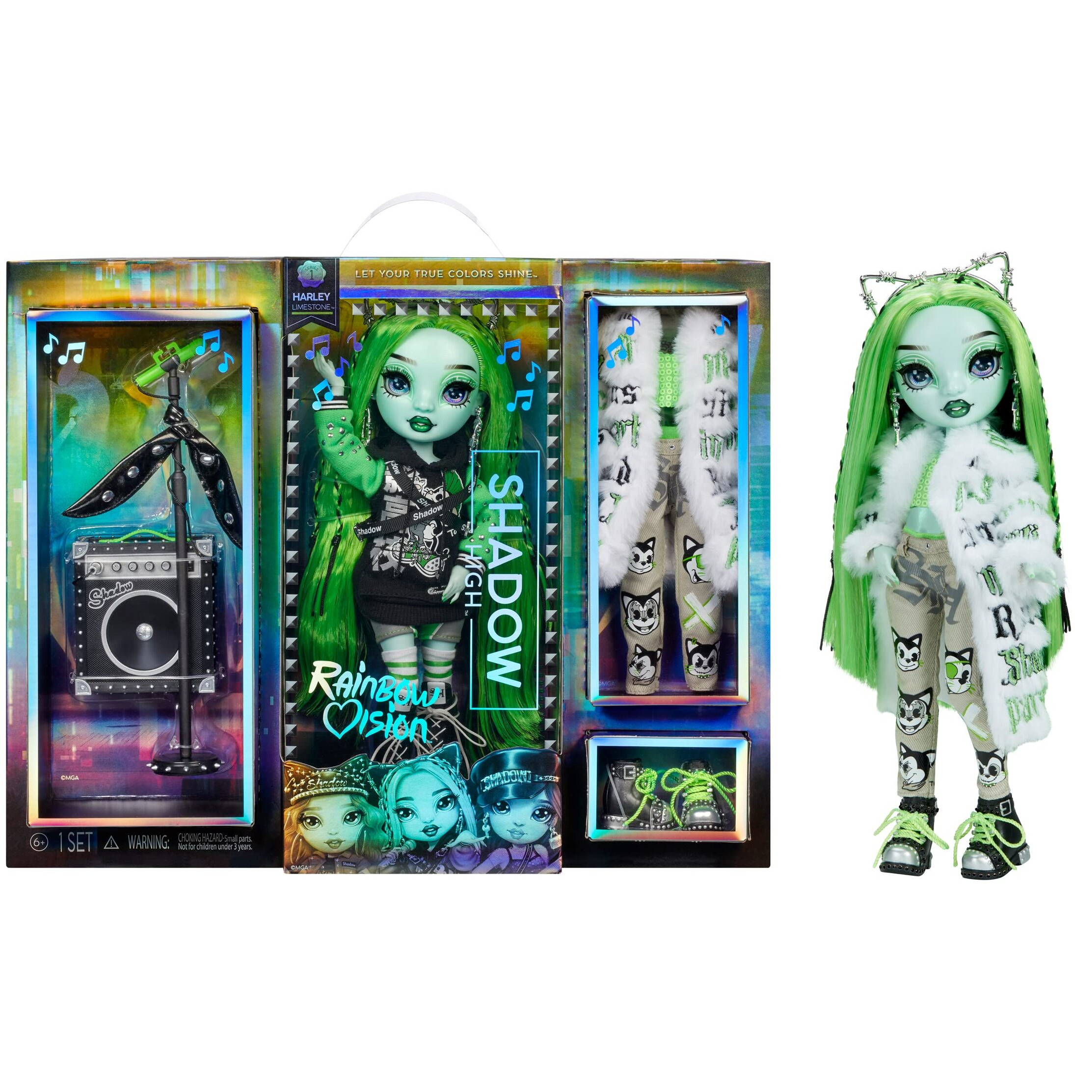 Rainbow Vision Shadow High Neon Shadow- Harley Limestone (Neon Green) Posable Fashion Doll. 2 Designer Outfits To Mix & Match, Rock Band Accessories Playset, Great Toy Gift Kids 6-12 Years & Collector