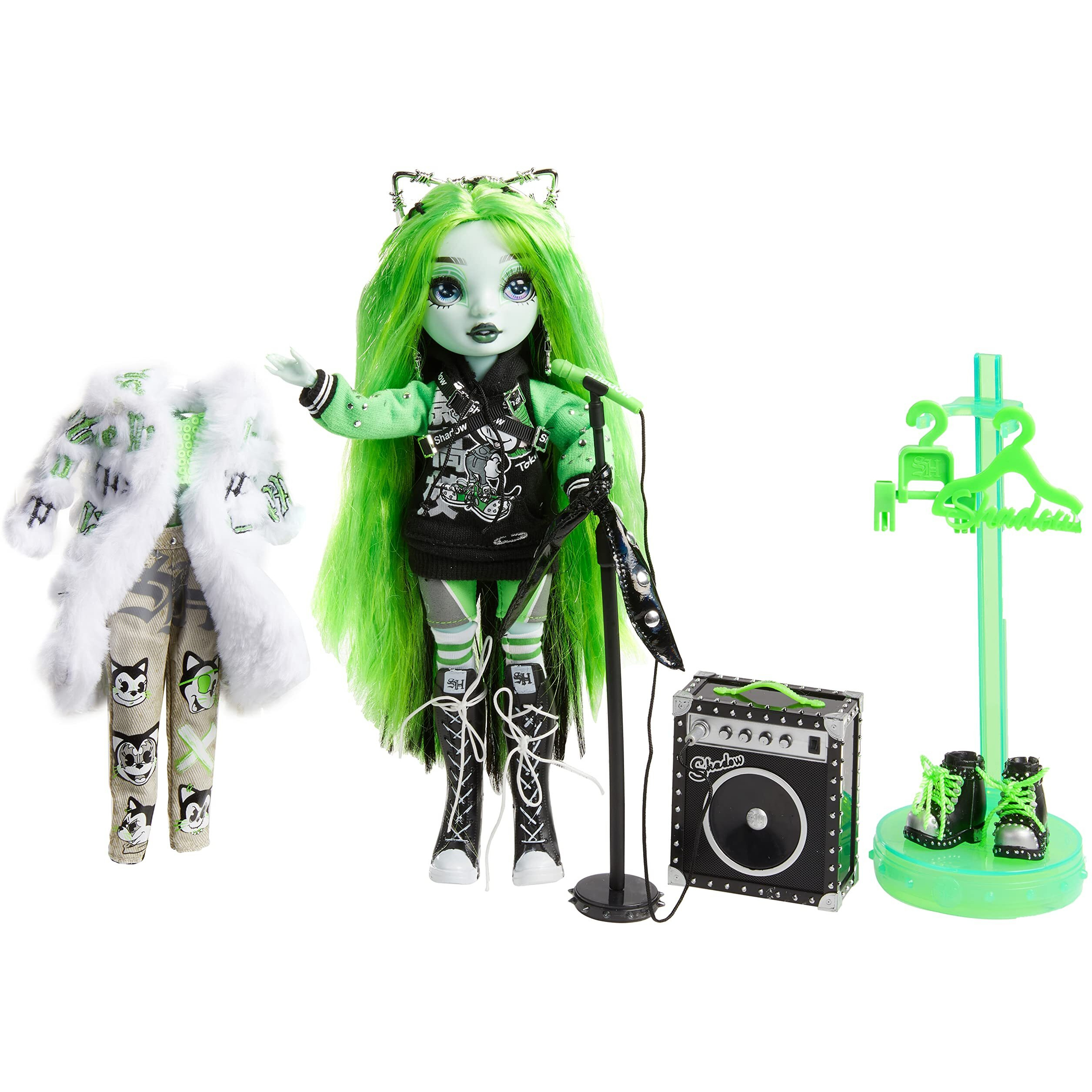 Rainbow Vision Shadow High Neon Shadow- Harley Limestone (Neon Green) Posable Fashion Doll. 2 Designer Outfits To Mix & Match, Rock Band Accessories Playset, Great Toy Gift Kids 6-12 Years & Collector