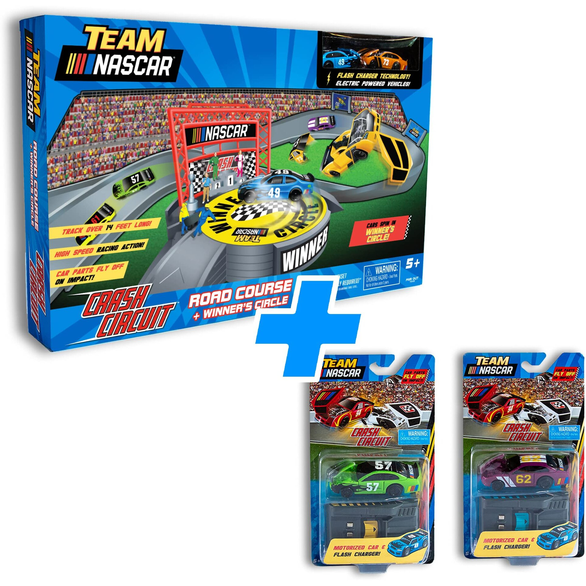 Far Out Toys Nascar Crash Circuit Ultimate Road Course Bundle With Huge Race Track, Winners Circle, 4 Cars Total | Electric Powered, Over 6 Ft Assembled | Capture The Momentum And Thrill Of Nascar