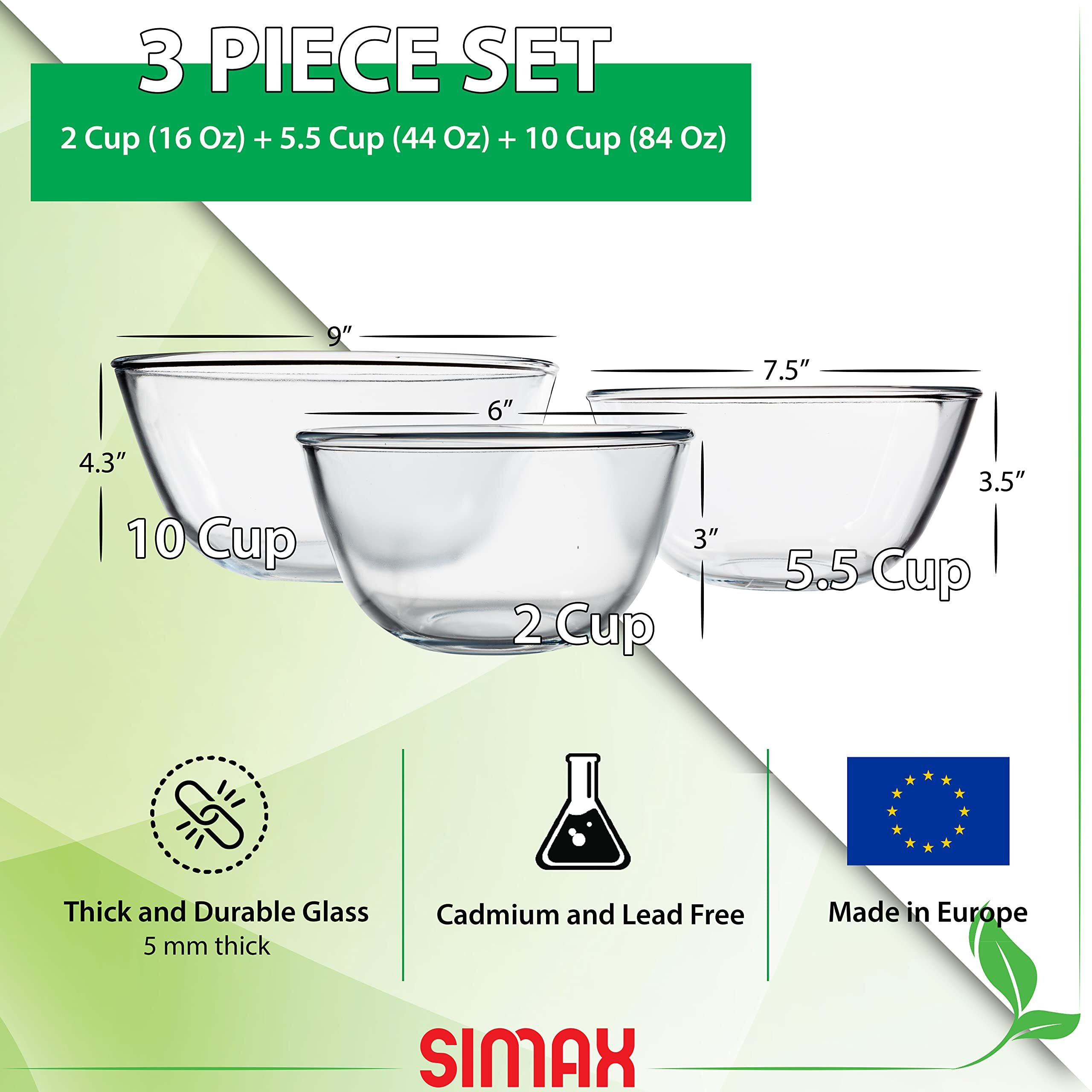 Simax Glass Mixing Bowls Set Borosilicate Glass Mixing Bowls For Kitchen - Microwave And Oven Safe Bowls - Glass Bowls For Kitchen - Glass Mixing Bowl Set Of 3 - Baking Bowls (2 Cup, 5.5 C., 10.5 C.)