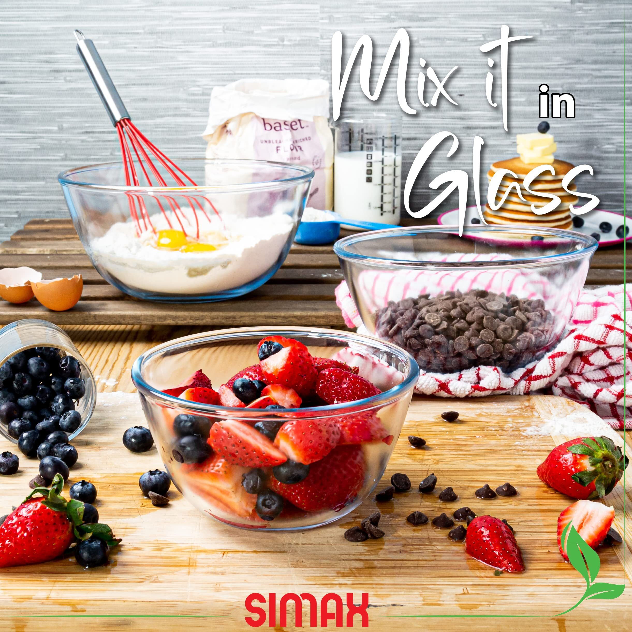 Simax Glass Mixing Bowls Set Borosilicate Glass Mixing Bowls For Kitchen - Microwave And Oven Safe Bowls - Glass Bowls For Kitchen - Glass Mixing Bowl Set Of 3 - Baking Bowls (2 Cup, 5.5 C., 10.5 C.)