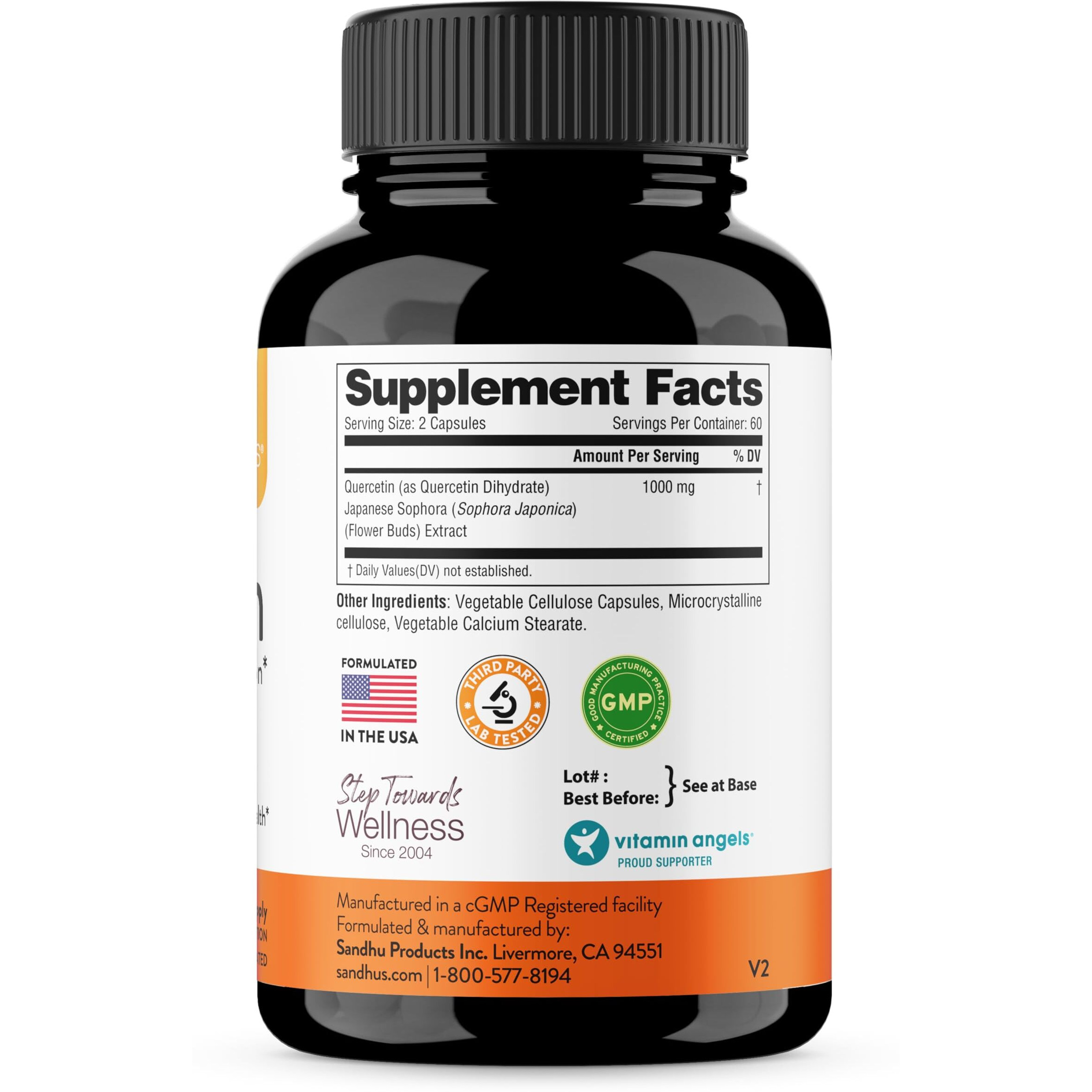 Sandhu's Quercetin 1000Mg Per Serving Vegetarian Capsules Bioflavonoids Supports Immune Health & Cardiovascular Health, Respiratory Health, Seasonal Allergy Relief 120 Count