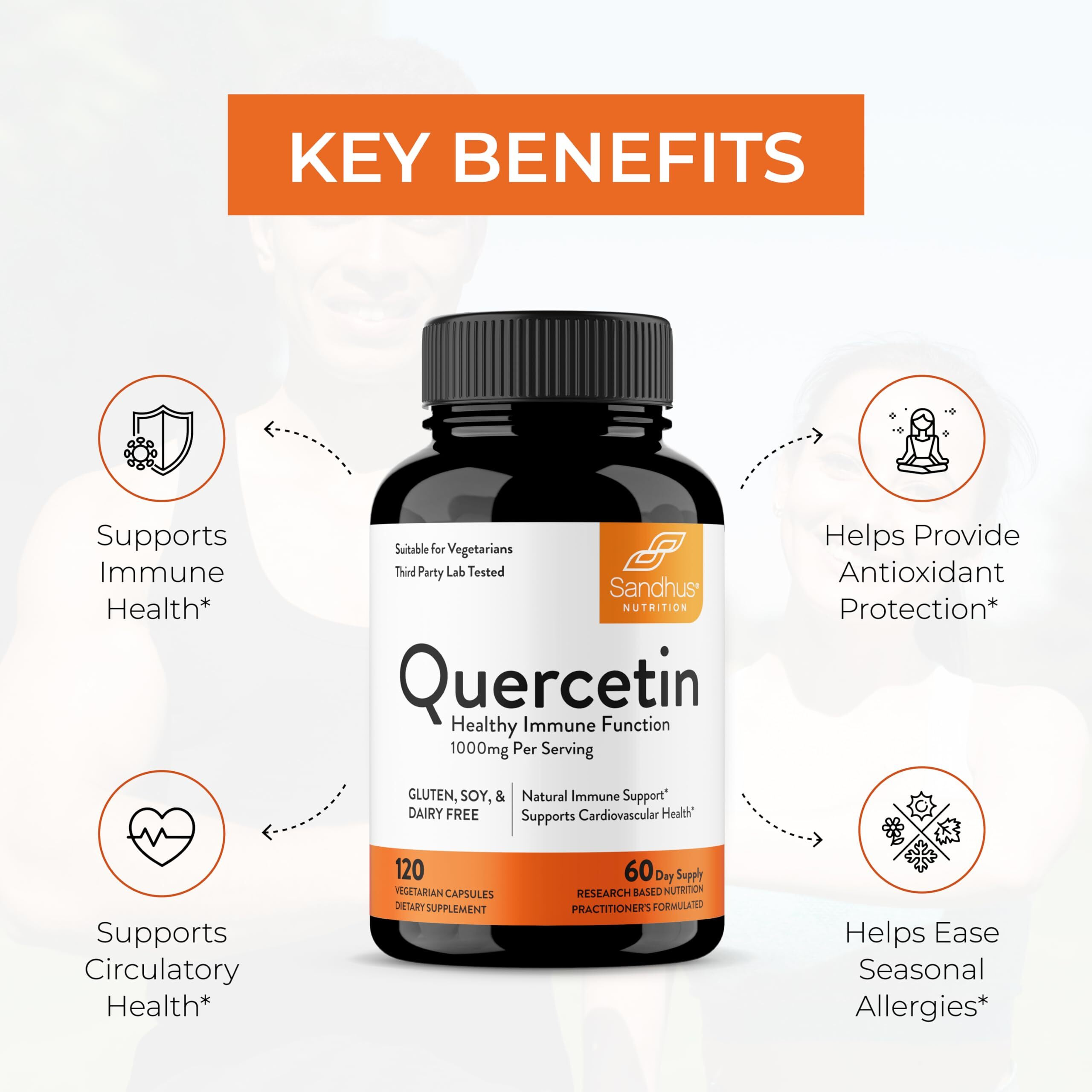 Sandhu's Quercetin 1000Mg Per Serving Vegetarian Capsules Bioflavonoids Supports Immune Health & Cardiovascular Health, Respiratory Health, Seasonal Allergy Relief 120 Count