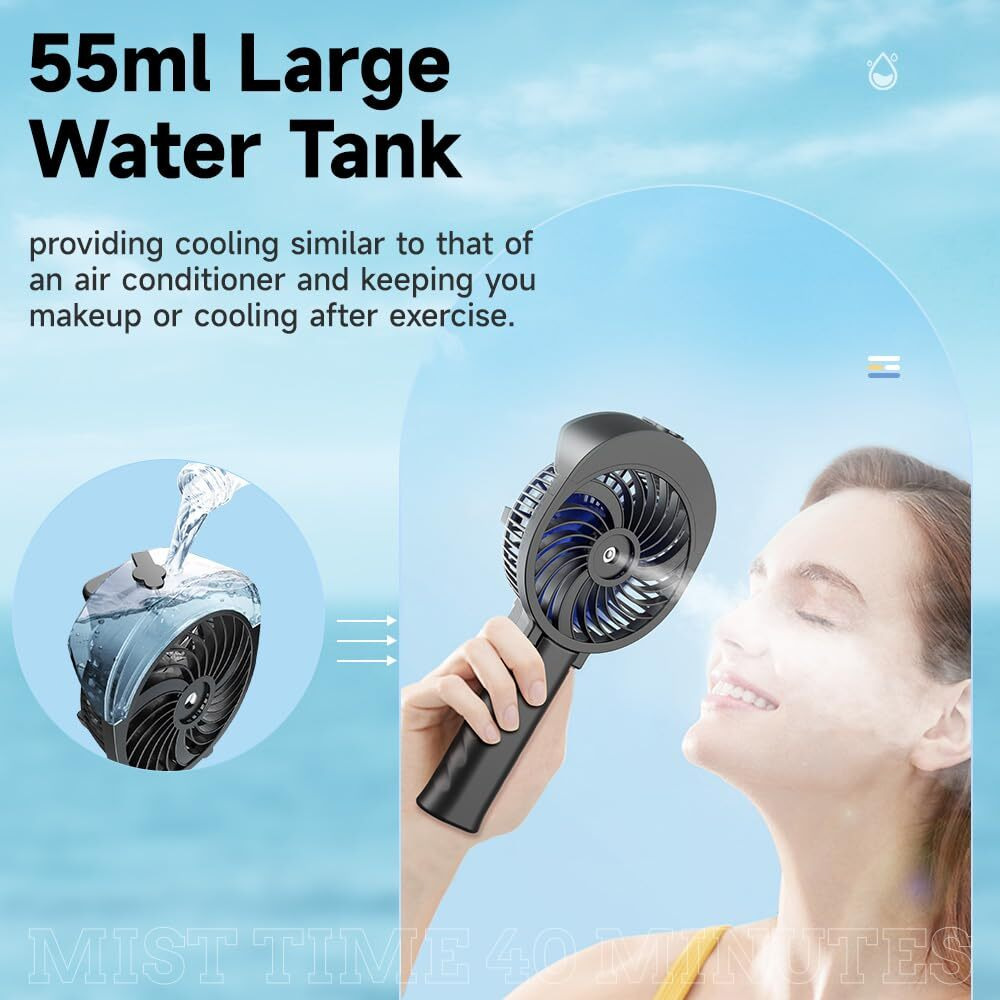 Handfan Personal Misting Fan, 55Ml Large Water Tank, Poratable Handheld Rechargeable Mister Fan, Battery Operated Mist Fan, 180Foldable, 3 Speeds, For Travel, Beach, Camping, Outdoors, Makeup(Blue)