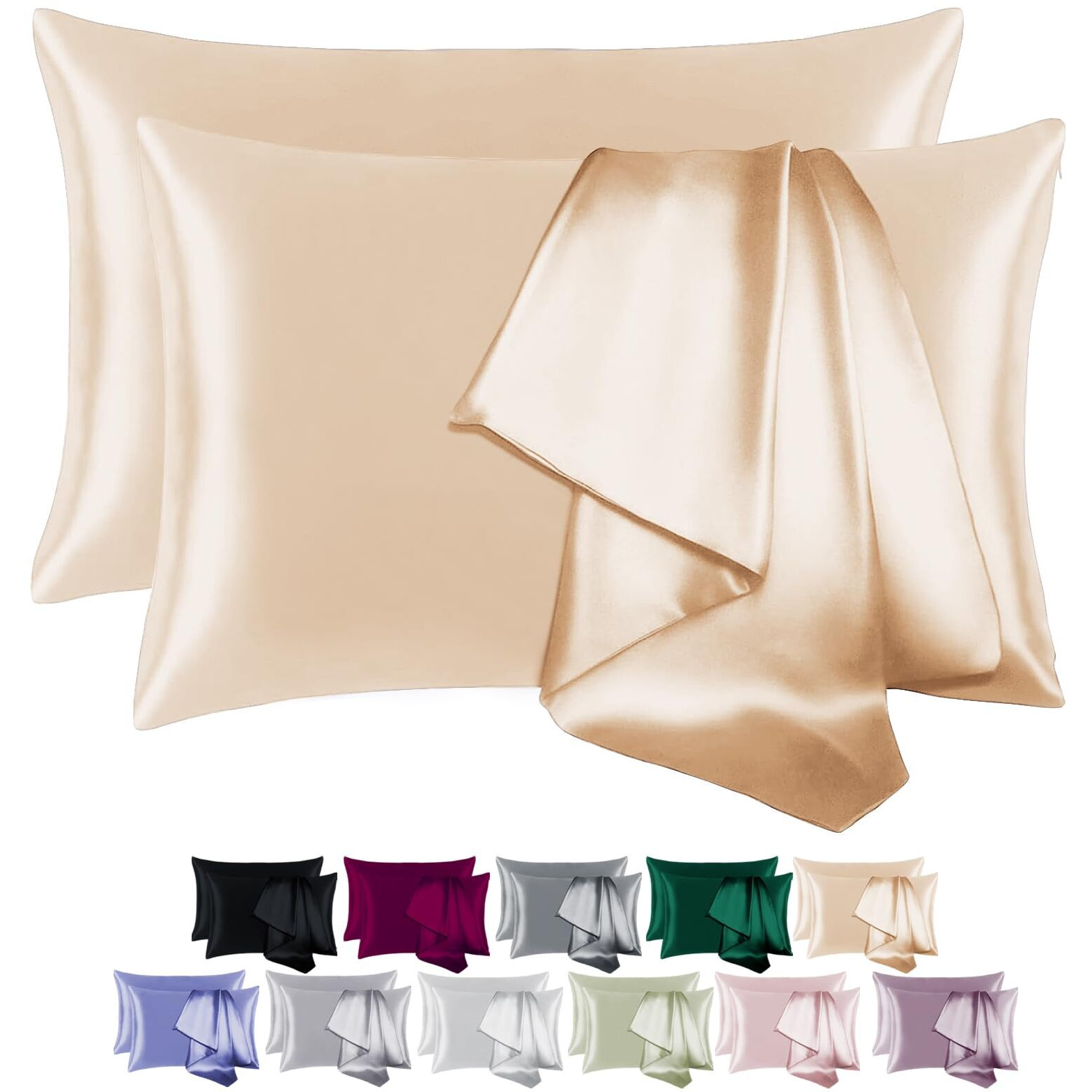 Beijoey 100% Mulberry Silk Pillowcase 2 Pack For Hair And Skin,With Hidden Zipper,Both Sides 19 Momme 600 Thread Count Natural Silk Pillow Cover,Soft Breathable Smooth (Buff Beige, Standard 20''X26'')