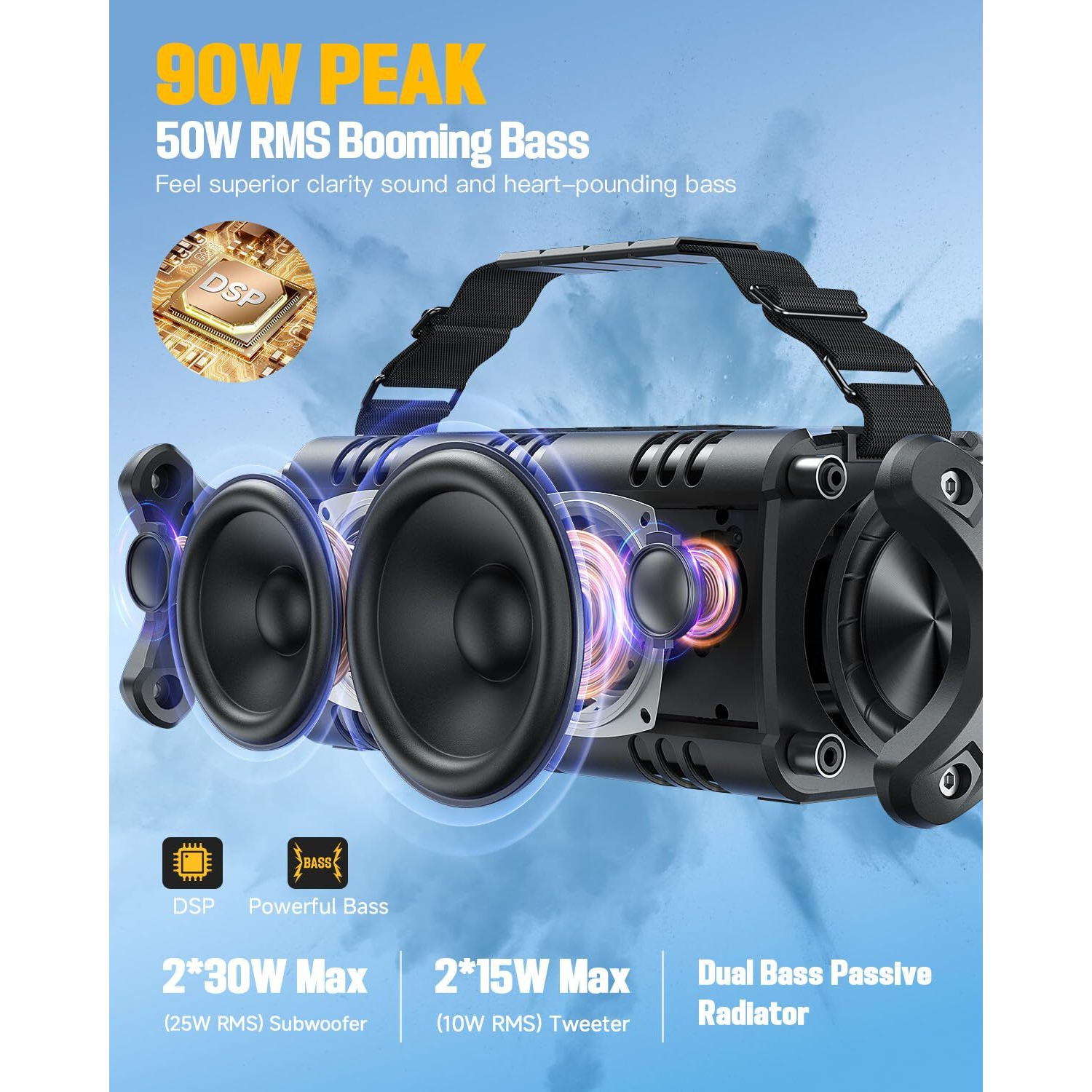 W-King Bluetooth Speaker, 90W Peak 50W Rms Ipx6 Waterproof Loud Speakers Bluetooth Wireless, Large Outdoor Portable Bluetooth Speakers Subwoofer Deep Bass/Bluetooth 5.0/Power Bank/40H Play/Tf/Aux/Nfc