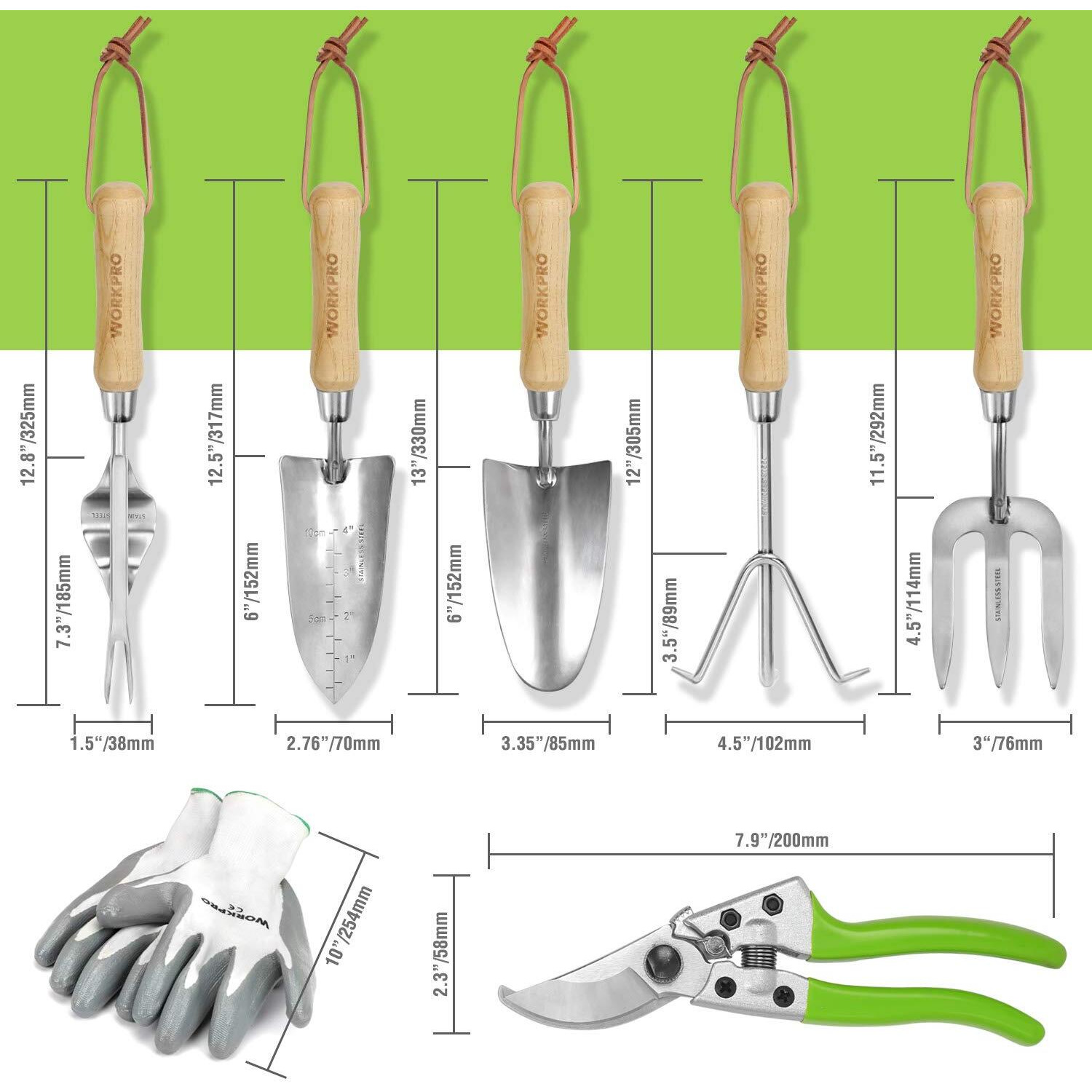 Workpro Garden Tools Set, 7 Piece, Stainless Steel, Green, Including Tote, Gloves, Trowel, Weeder, Cultivator-Gardening Gifts For Women & Men