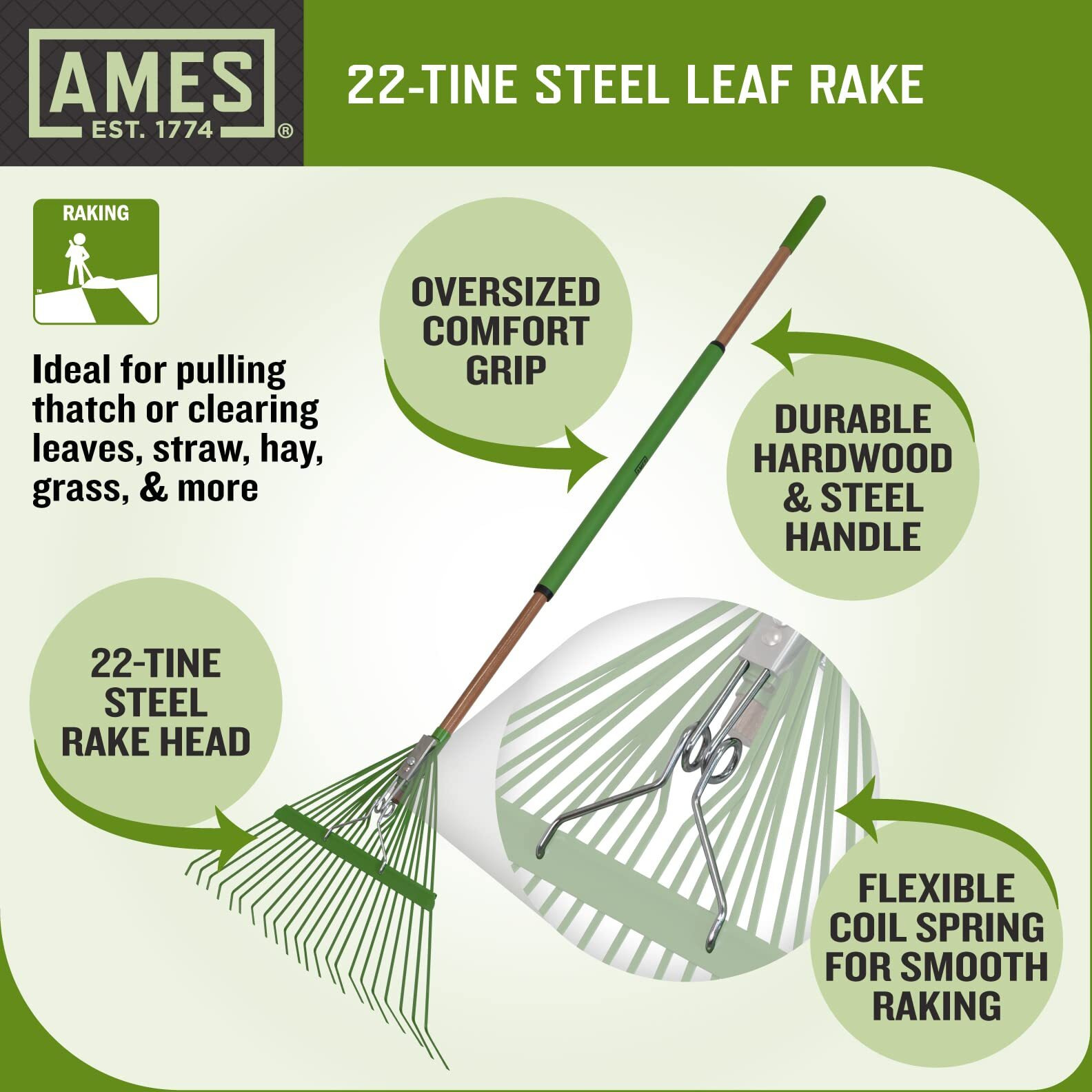 Ames 20201033 Steel Tine Leaf Rake With Hardwood/Steel Handle, 22 Tines
