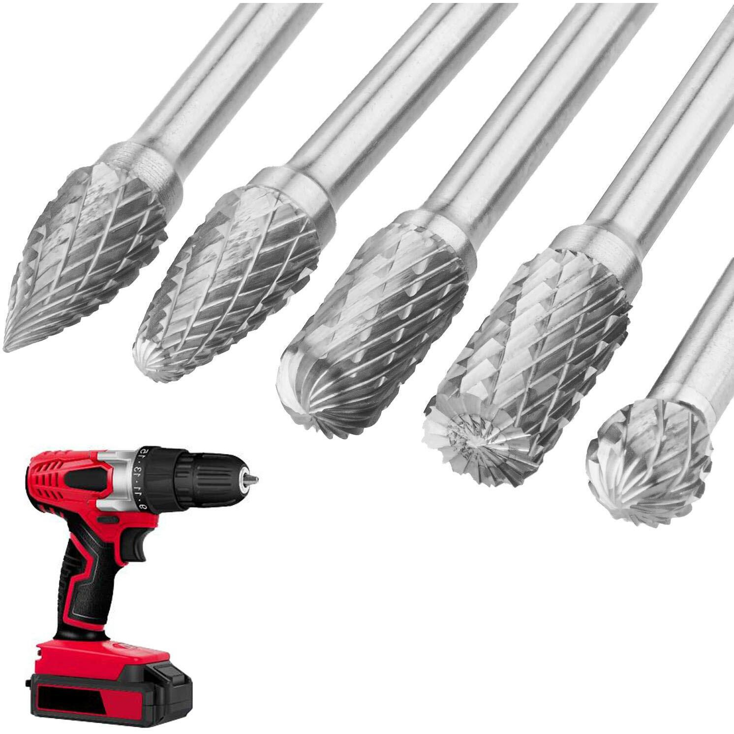 5Pcs Premium Tungsten Steel Carbide Rotary Burr Set, 1/4Inch Shank Double Cut Carbide Burr Set, 8Mm Head Die Grinder Bits For Die Grinder Drill, Diy Wood-Working Carving, Metal Polishing, Engraving