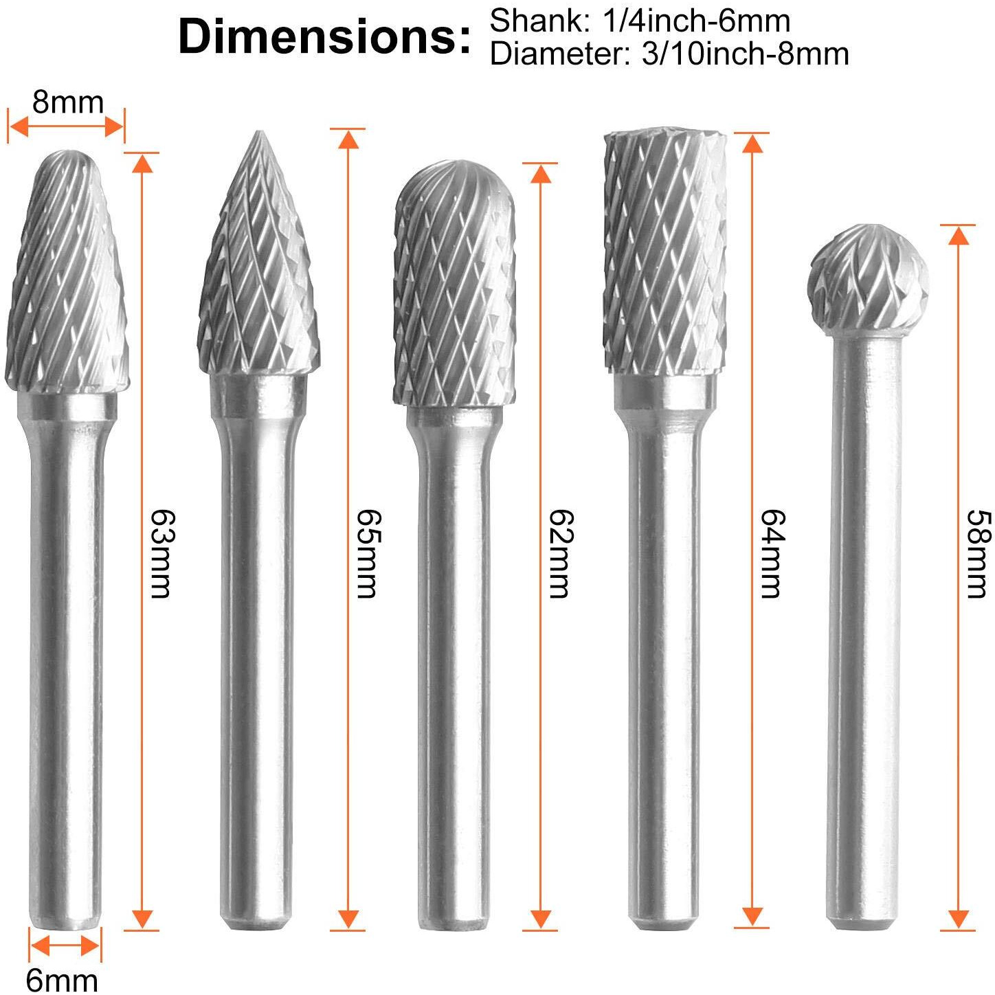 5Pcs Premium Tungsten Steel Carbide Rotary Burr Set, 1/4Inch Shank Double Cut Carbide Burr Set, 8Mm Head Die Grinder Bits For Die Grinder Drill, Diy Wood-Working Carving, Metal Polishing, Engraving
