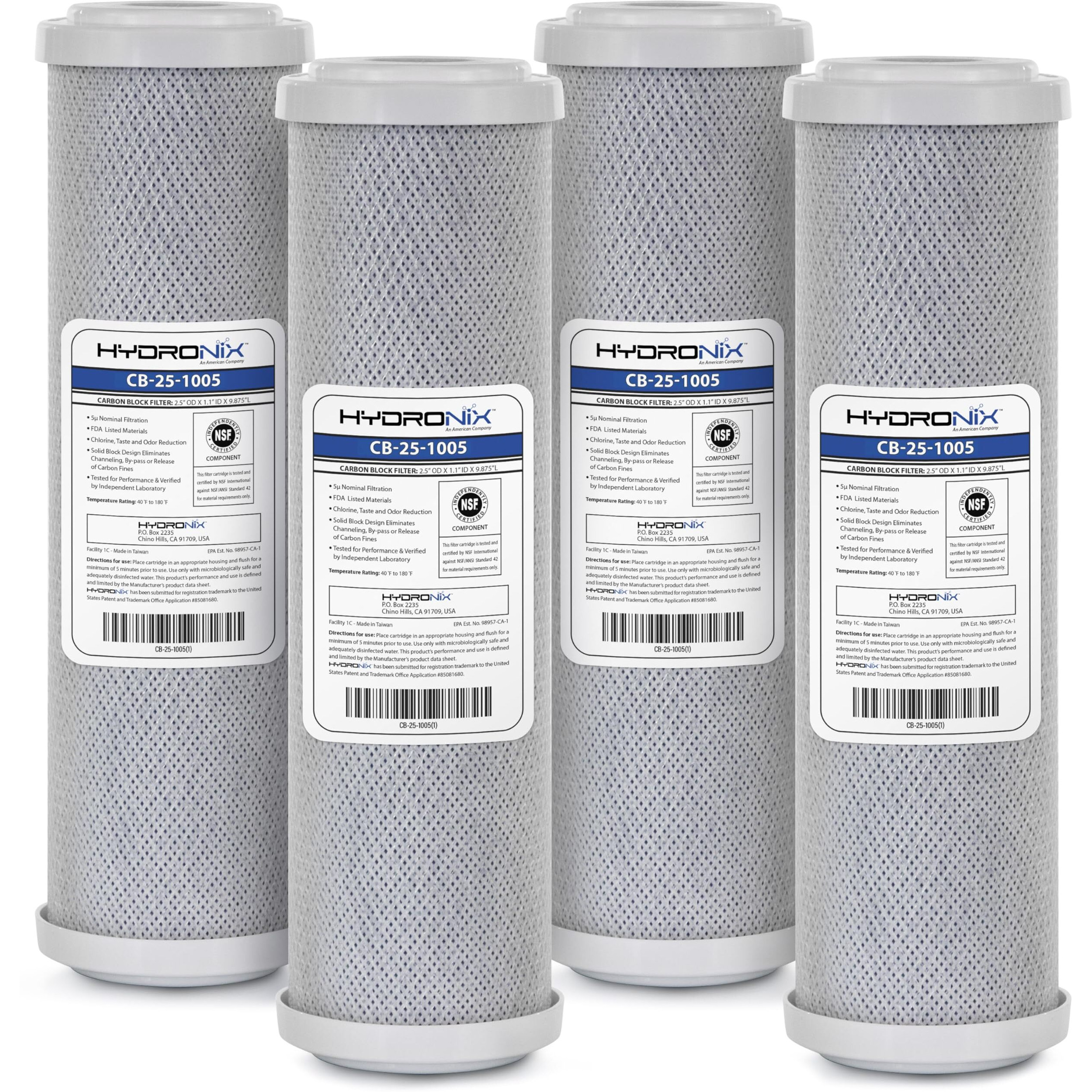 Hydronix 4 Pack Carbon Block Water Filters Coconut Shell Cto For Whole House, Ro, Di, Hydroponics - 10"" X 2.5"", 5 Micron