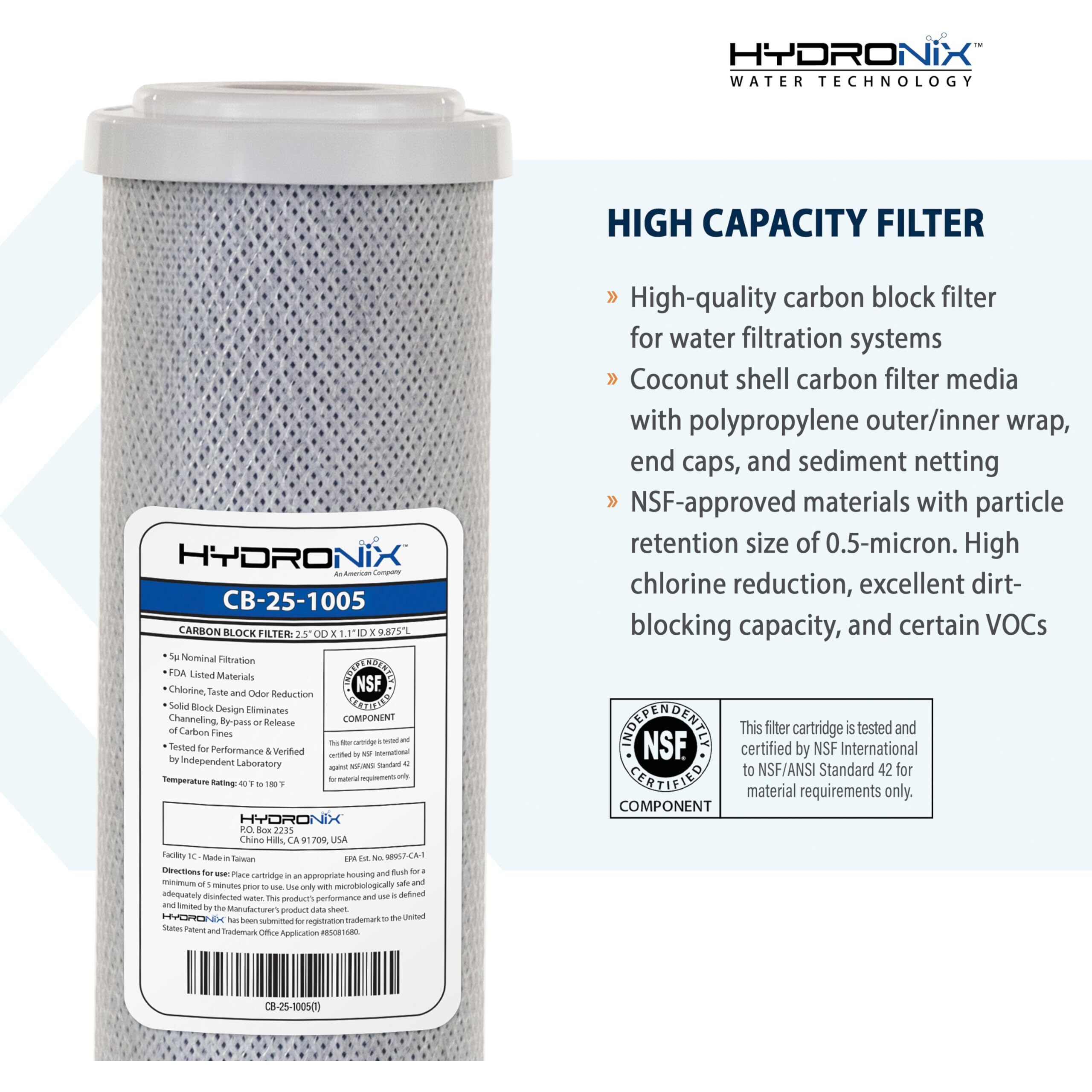 Hydronix 4 Pack Carbon Block Water Filters Coconut Shell Cto For Whole House, Ro, Di, Hydroponics - 10"" X 2.5"", 5 Micron