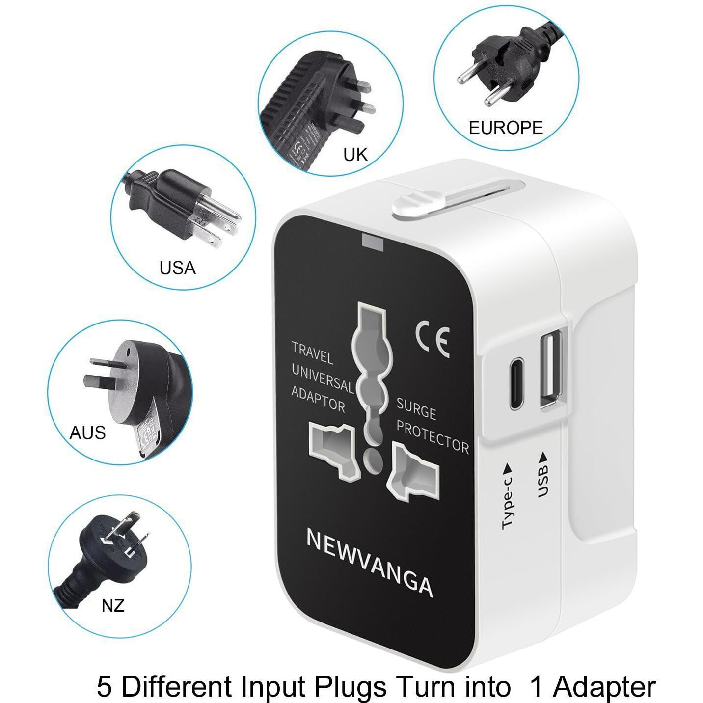 International Universal All In One Worldwide Travel Adapter Wall Charger Ac Power Plug Adapter With Usb C Charging Ports For Usa Eu Uk Aus European Cell Phone Laptop