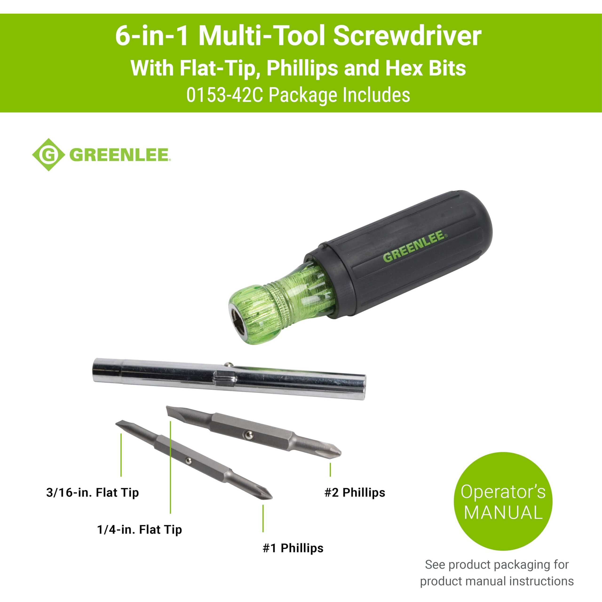 Greenlee 0153-42C 6-In-1 Multi-Tool Screwdriver With Flat-Tip, Phillips, And Hex Bits
