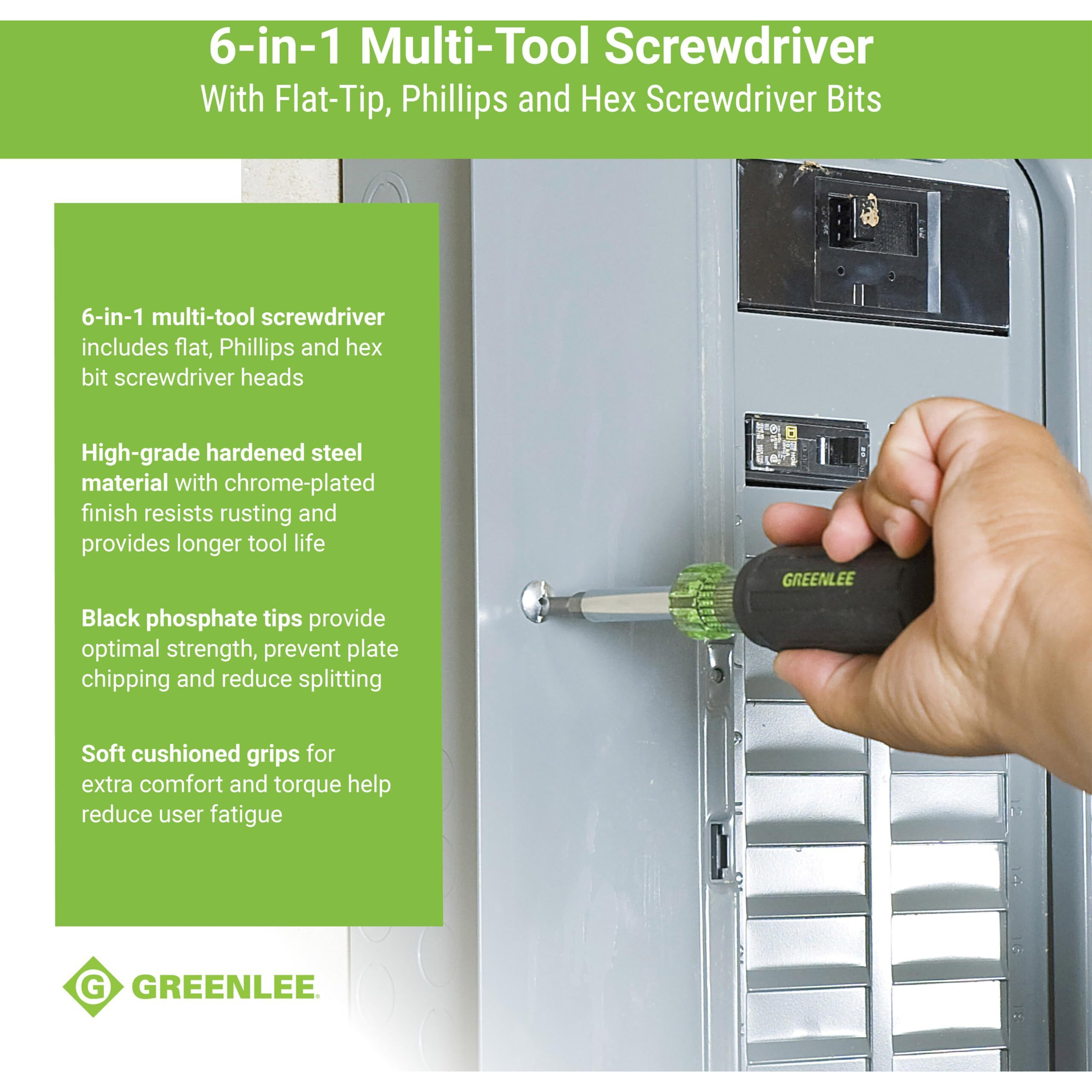 Greenlee 0153-42C 6-In-1 Multi-Tool Screwdriver With Flat-Tip, Phillips, And Hex Bits