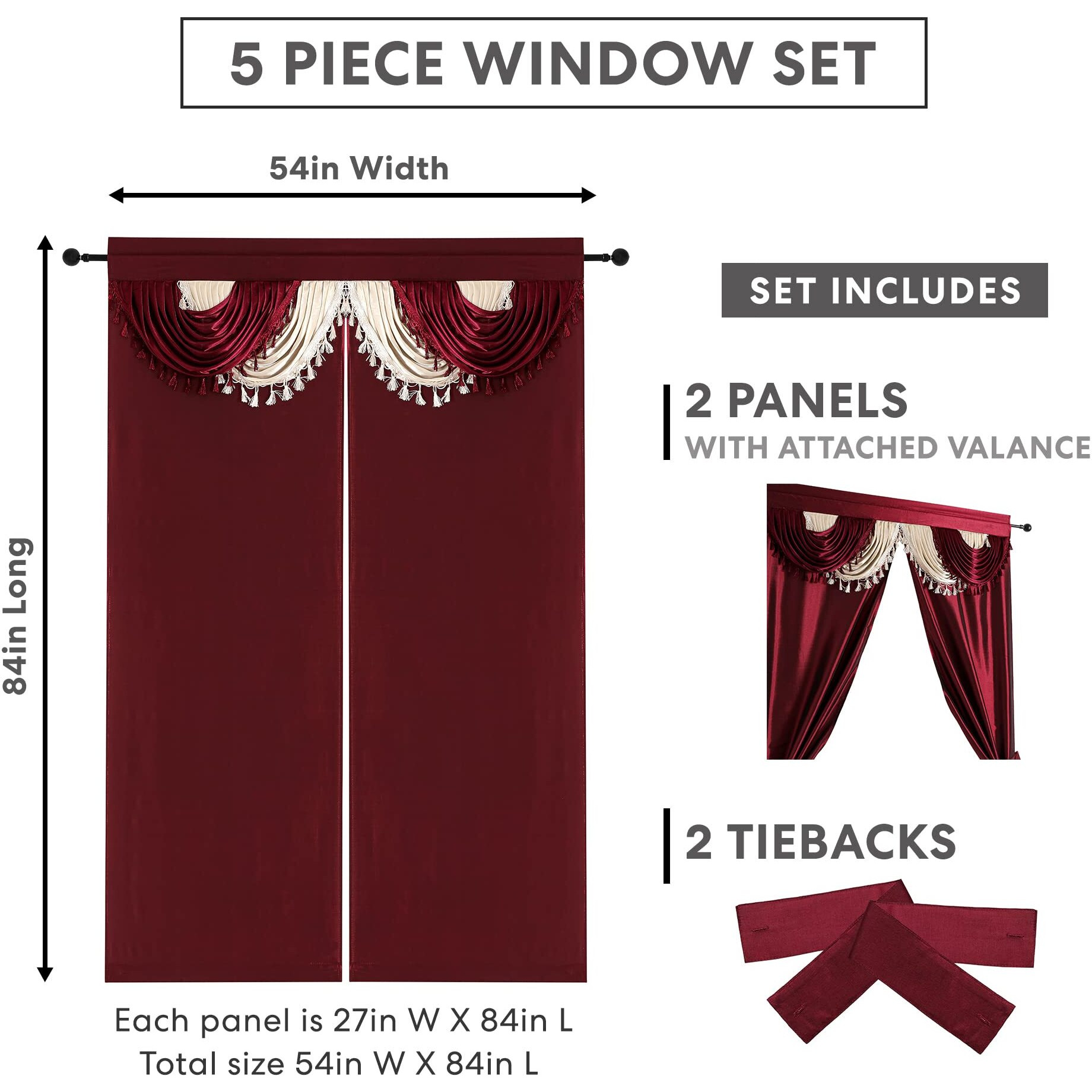 Regal Home Collections Amore Curtains 5-Piece Window Curtain Set - 54-Inch W X 84-Inch L Panels With Attached Valance And 2 Tiebacks - Bedroom Curtains And Living Room Curtains (Brick)