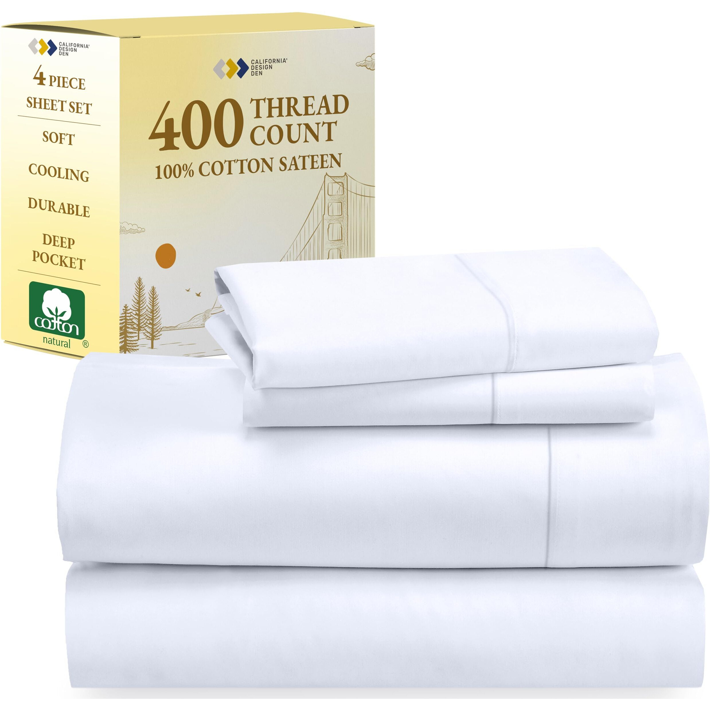 California Design Den Queen Size Bed Set, Good Housekeeping Award Winner, 400 Thread Count 100% Cotton Sheets Sateen, Deep Pocket Queen Sheets, Extra Soft Bed Sheets, Cooling Sheets (White)