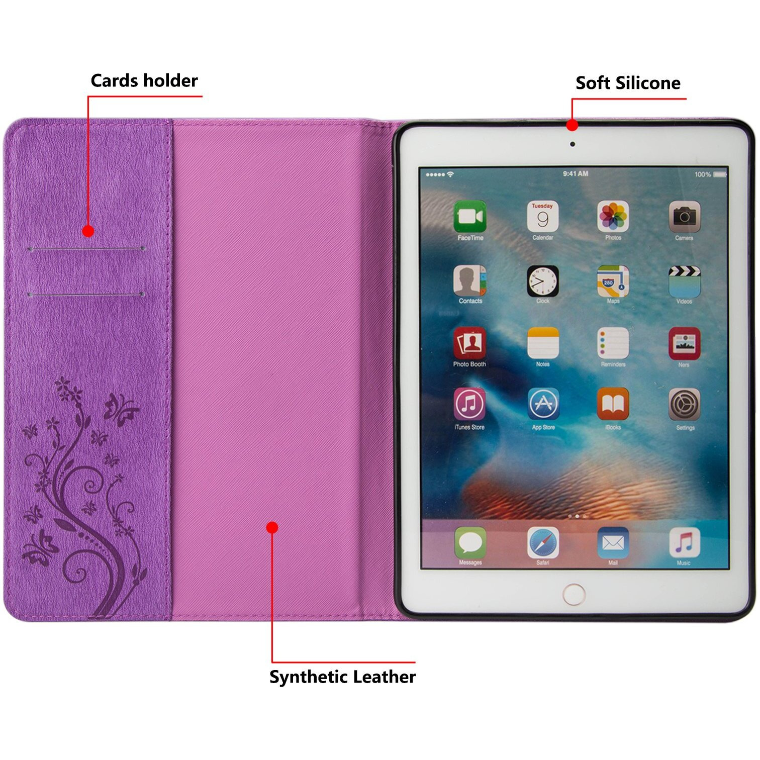 Dteck For Ipad 6Th/5Th Generation Case 9.7"" (2018/2017), Air 2/1 Case 9.7-Inch (2014/2013), Cute Butterfly Folio Case With Stand/Credit Card Slots, Slim Fit Thin Lightweight Pu Leather Cover (Purple)