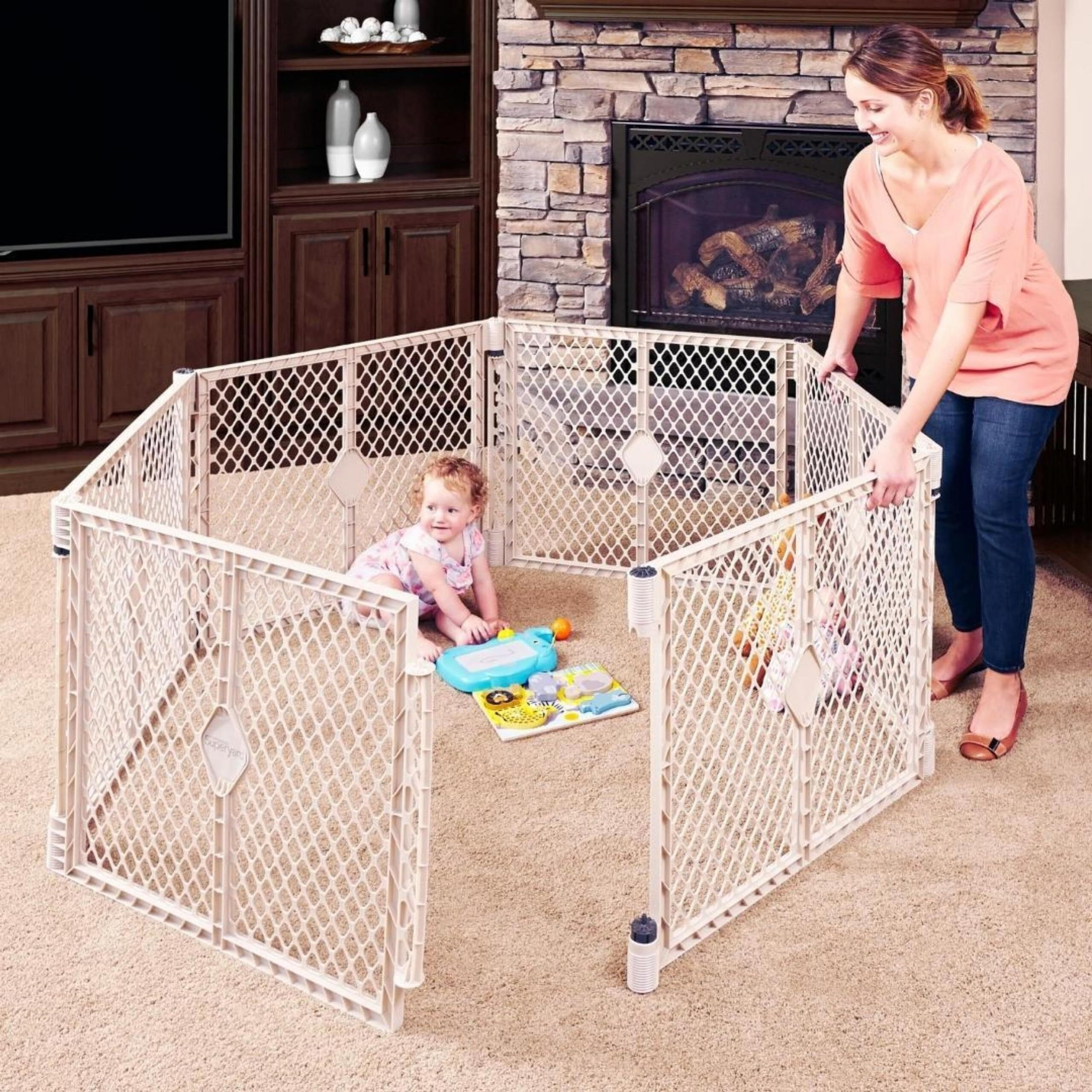 Toddleroo By North States Superyard 6 Panel Free Standing Play Yard, Indoor Or Outdoor Baby Playpen, Baby Gate. Made In Usa. 5.5 Feet Corner To Corner Play Pen (26"" Tall, Sand)