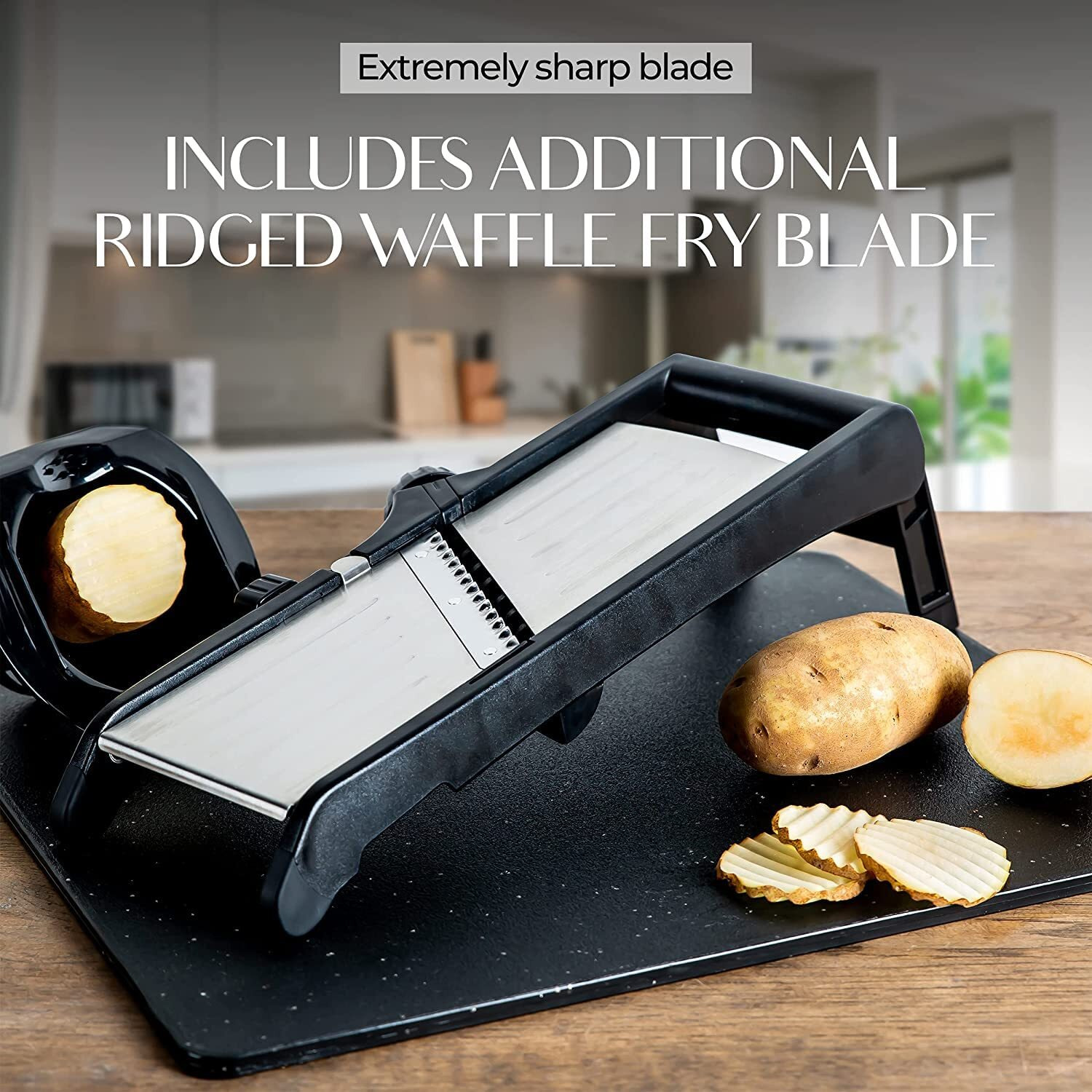 Mandoline Food Slicer, Adjustable Stainless Steel With Waffle Fry Cutter Crinkle Cut Potato Chip Vegetable Onion