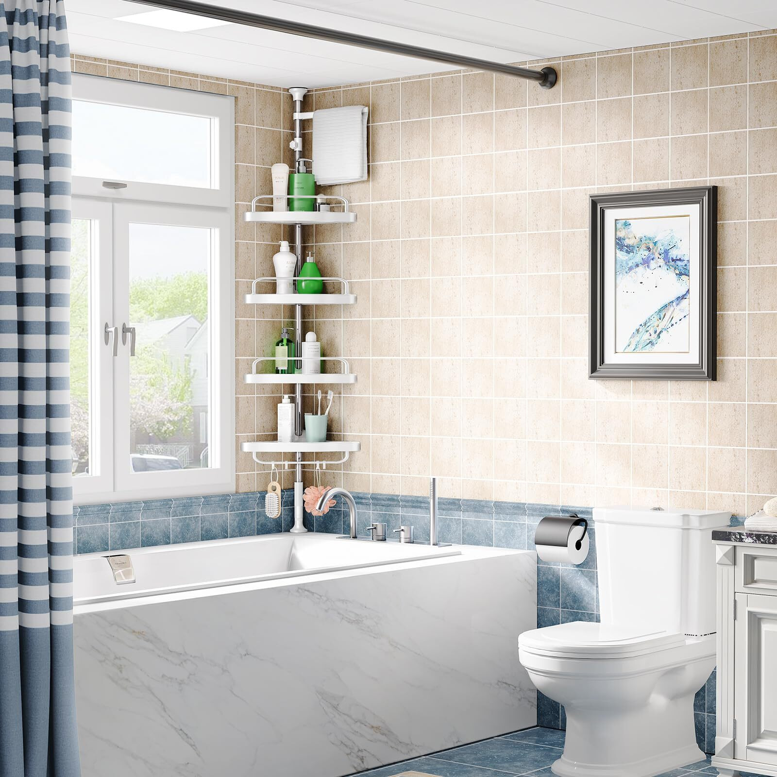Corner Shower Caddy Tension Pole Rust Proof 4Tier Shampoo Storage Organizer For Inside Shower - Telescoping Rod Shower Rack For Bathroom And Bathtub - Restroom Floor Standing Bath Rack Holder