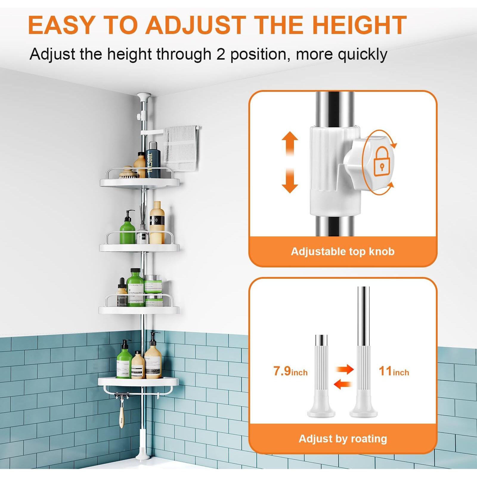 Corner Shower Caddy Tension Pole Rust Proof 4Tier Shampoo Storage Organizer For Inside Shower - Telescoping Rod Shower Rack For Bathroom And Bathtub - Restroom Floor Standing Bath Rack Holder