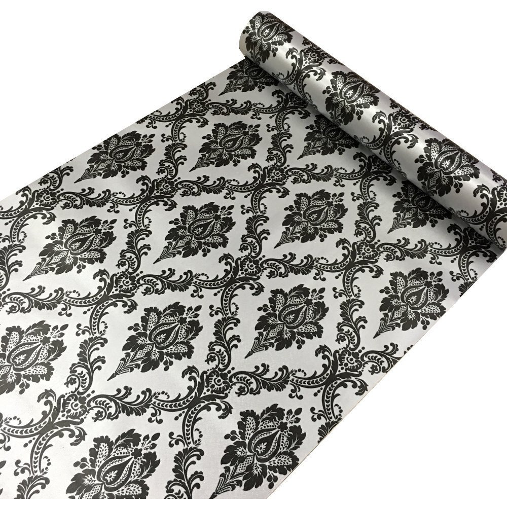 Yifely Retro Black Damask Furniture Paper Self-Adhesive Shelf Liner Light Grey Table Dresser Decor Sticker 17.7 Inch By 9.8 Feet