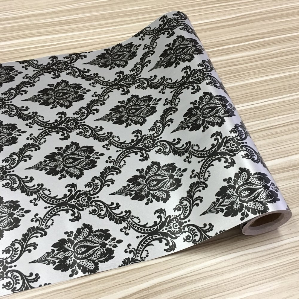 Yifely Retro Black Damask Furniture Paper Self-Adhesive Shelf Liner Light Grey Table Dresser Decor Sticker 17.7 Inch By 9.8 Feet