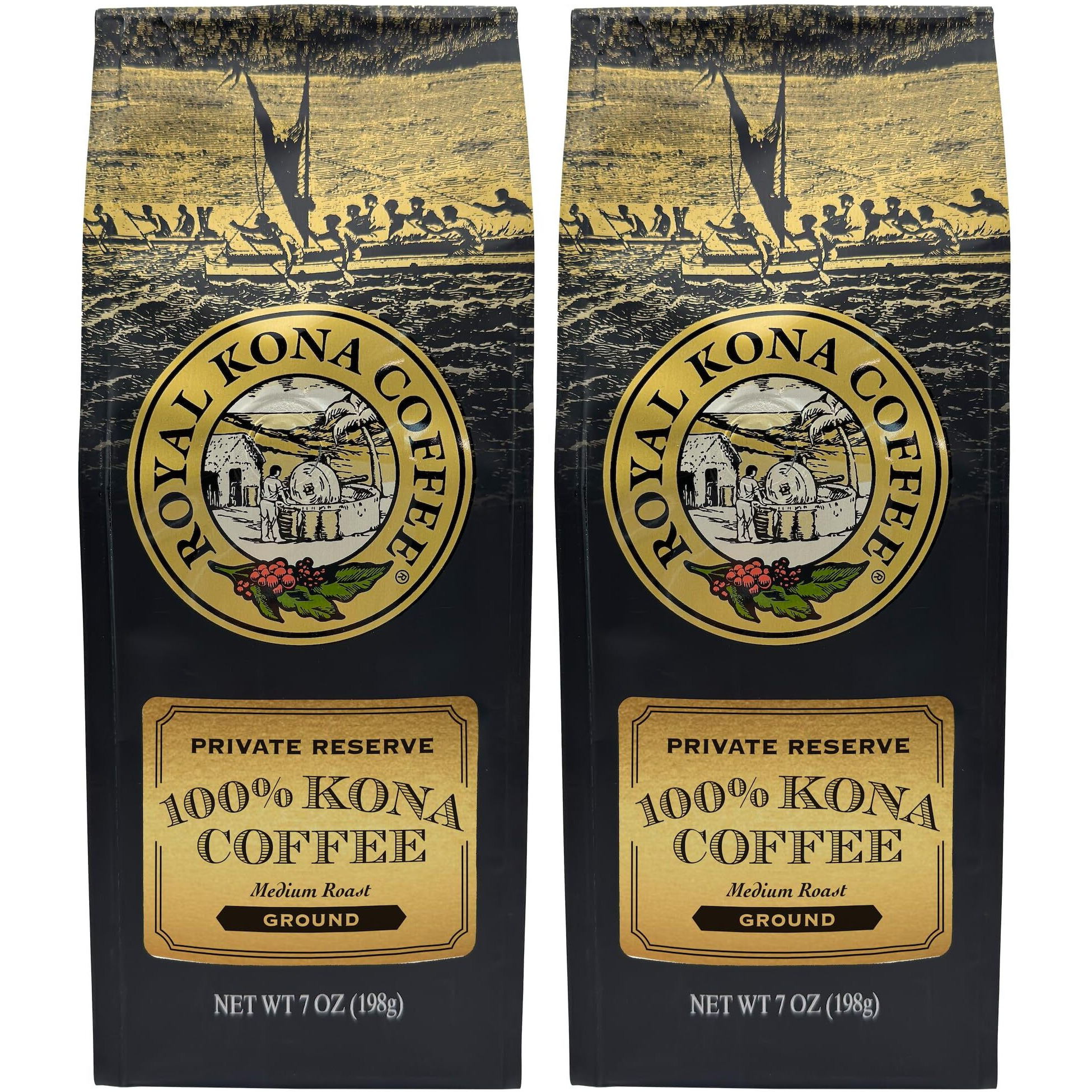 Royal Kona 2-Pack 100% Hawaiian Kona Coffee, Private Reserve Medium Roast, Ground - 7 Ounce Bags (Pack Of Two)