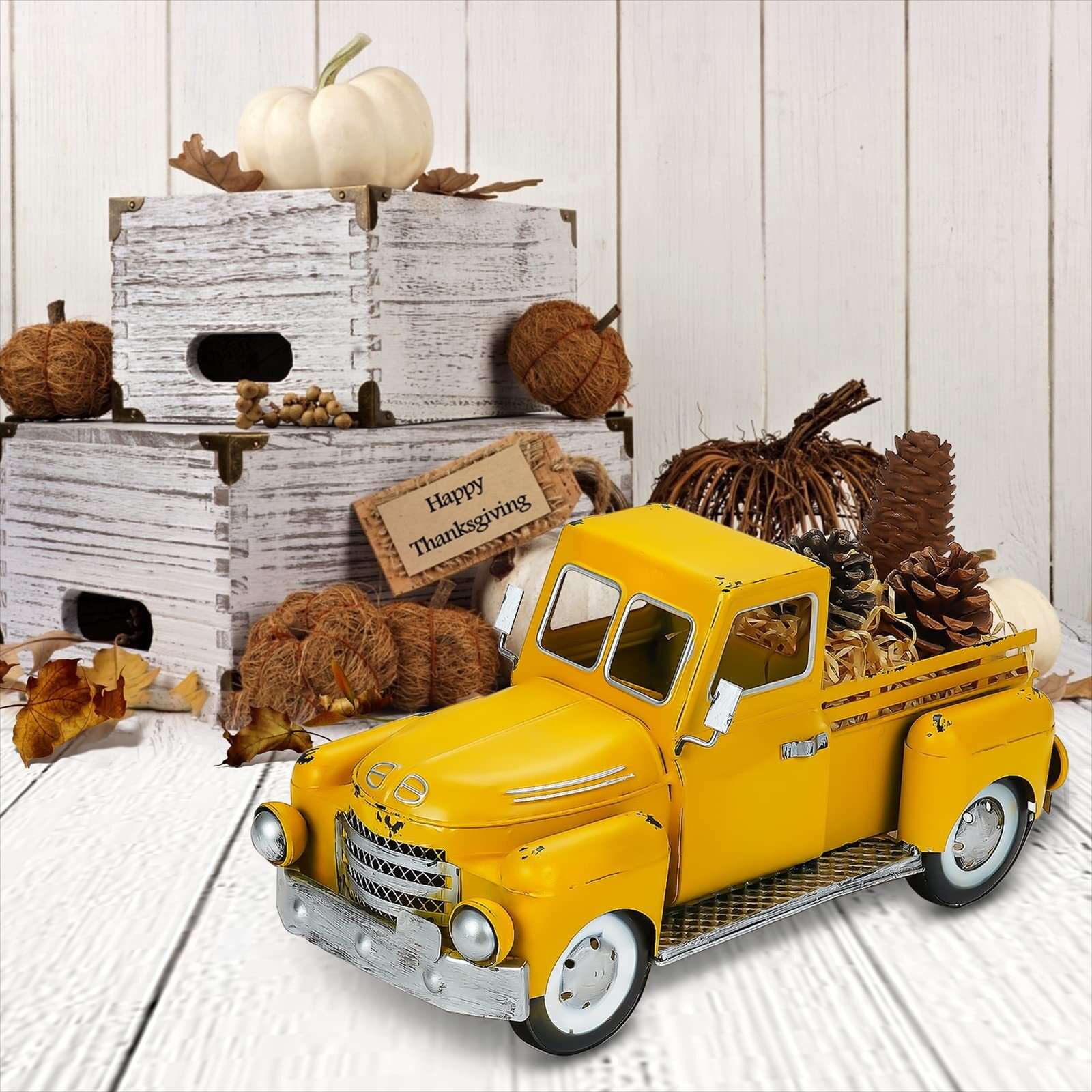 Flhjyf Farmhouse Yellow Truck Metal Decor,Vintage Outdoor Iron Truck Decor, Rustic Pick-Up Planter,Antique Car Decoration,Desktop Wine Rack Stand,Decorative Tabletop Storage