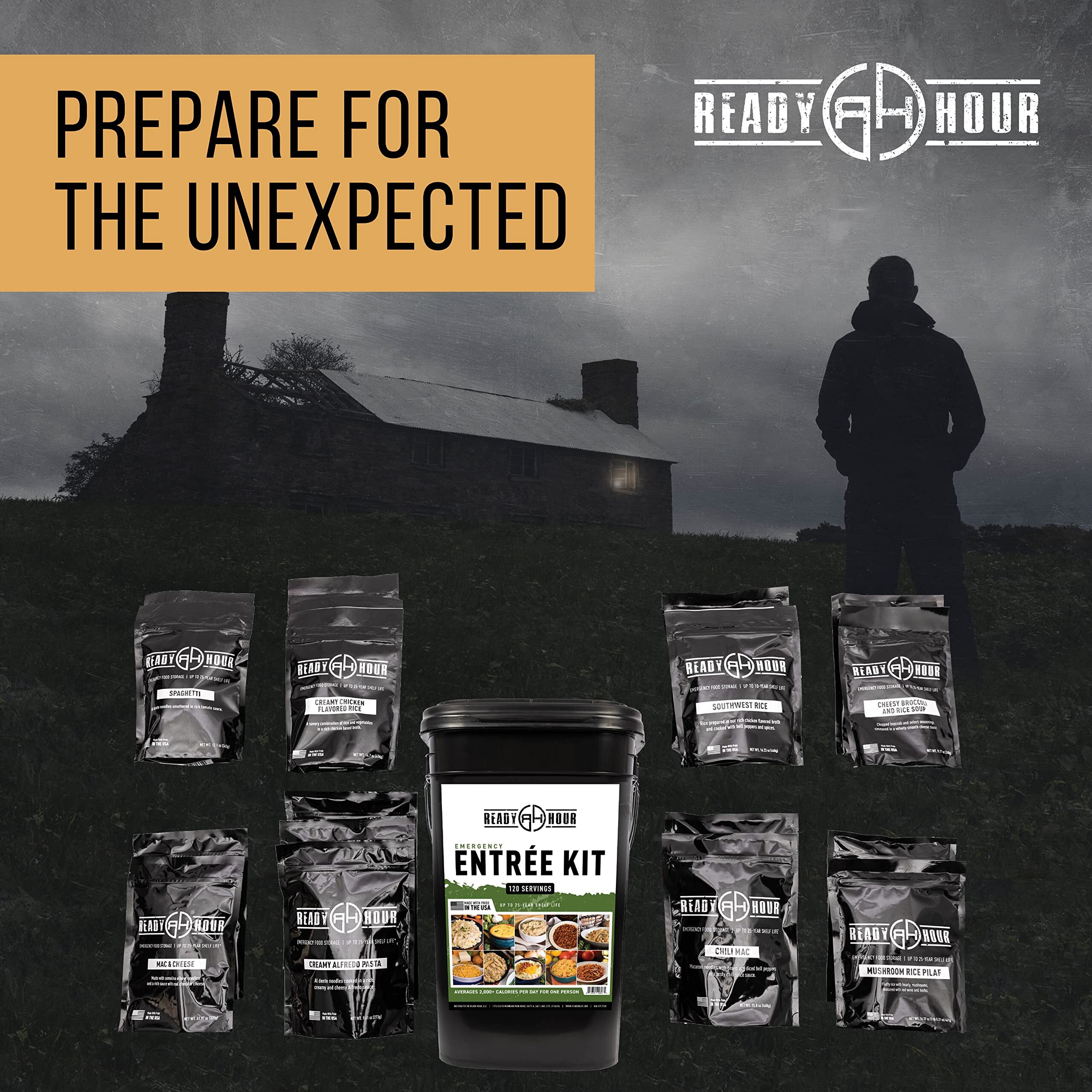 Ready Hour, Emergency Meal Entr  Es, Real Non-Perishable Meals, 25-Year Shelf Life, Portable Flood-Safe Container, 120 Servings