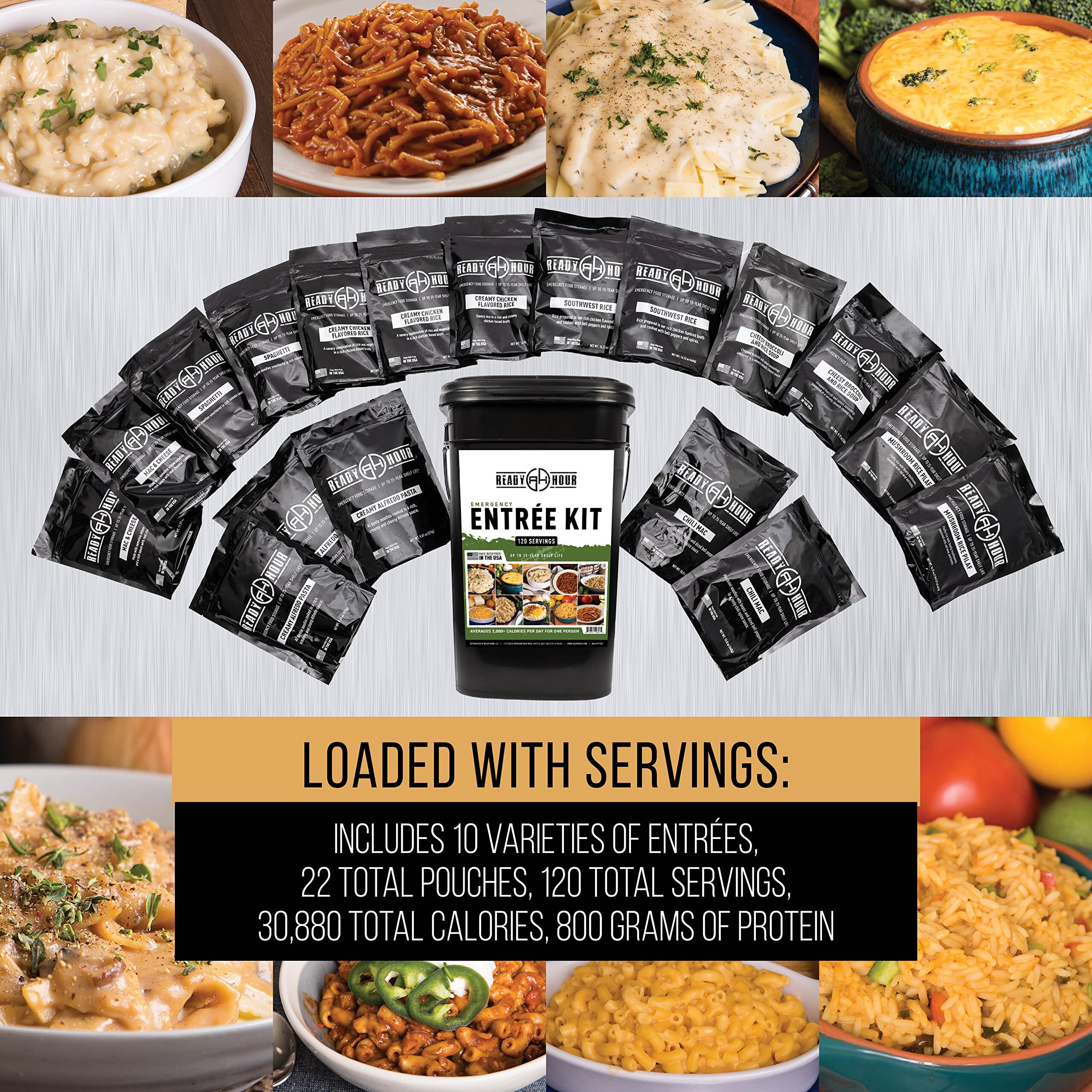 Ready Hour, Emergency Meal Entr  Es, Real Non-Perishable Meals, 25-Year Shelf Life, Portable Flood-Safe Container, 120 Servings