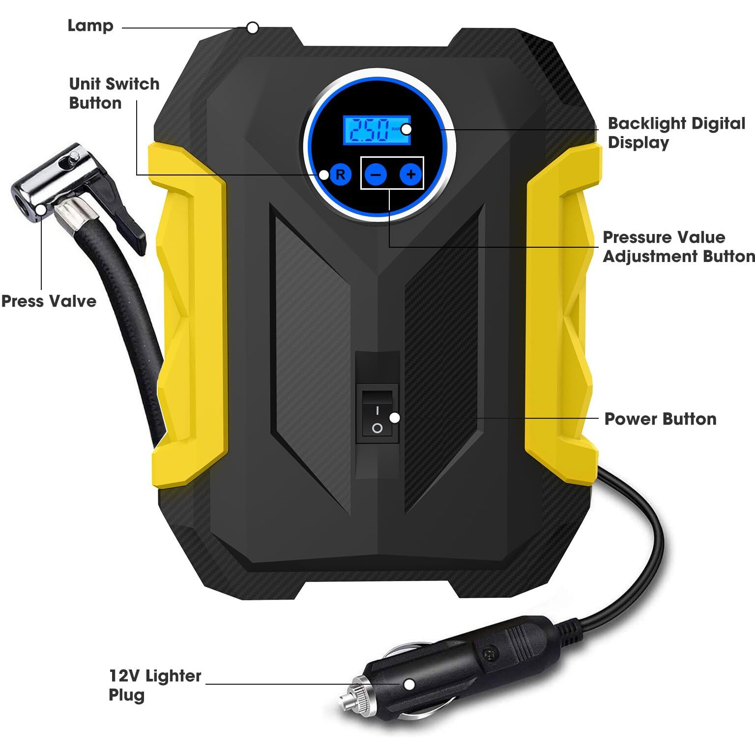 Digital Air Compressor For Car Auto Pump Portable Tire Inflator With Led Light Dc 12V