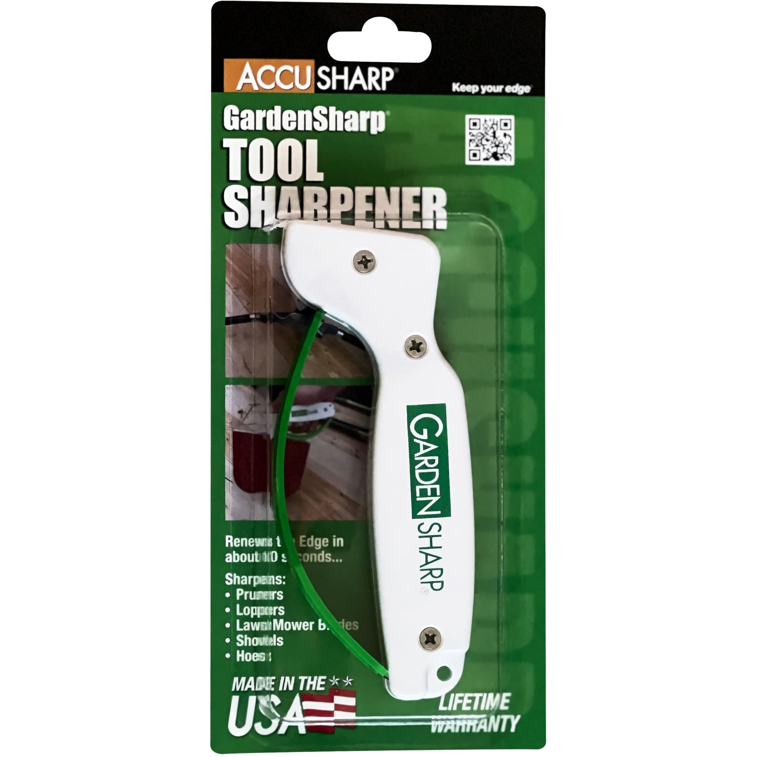 Accusharp Garden Tool Sharpener, Diamond-Honed Tungsten Carbide Blades, Restores, Repairs, Sharpens & Hones Lawnmower Blades, Secateurs, Limb Loppers, Hoes, Shovels, And Scythes
