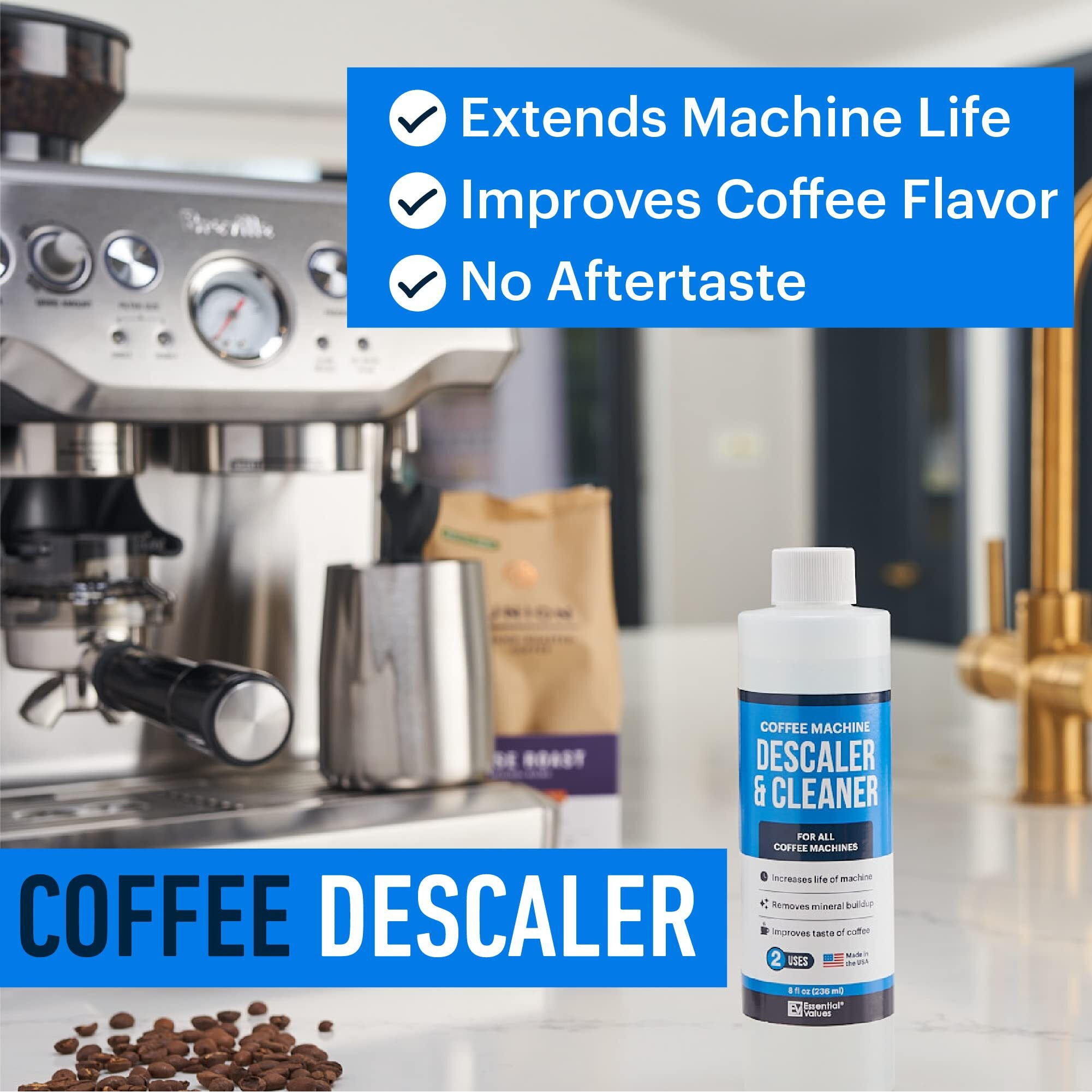 Coffee Machine Descaler - 2 Uses - Descaling Solution For Nespresso Breville Keurig Jura & More - Usa Made Cleaner For All Coffee Machines, Glass Pot Cleaner And Espresso Makers