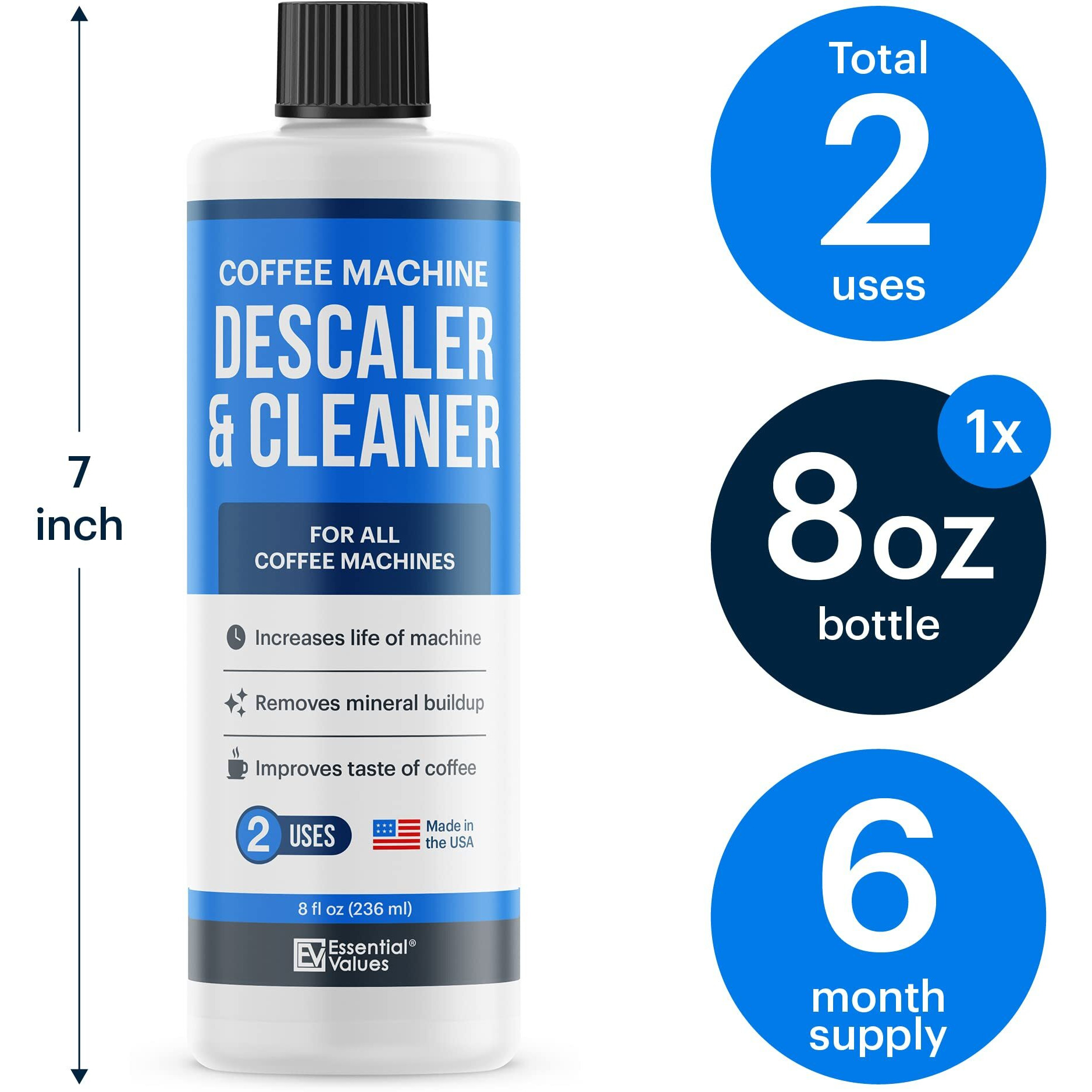 Coffee Machine Descaler - 2 Uses - Descaling Solution For Nespresso Breville Keurig Jura & More - Usa Made Cleaner For All Coffee Machines, Glass Pot Cleaner And Espresso Makers