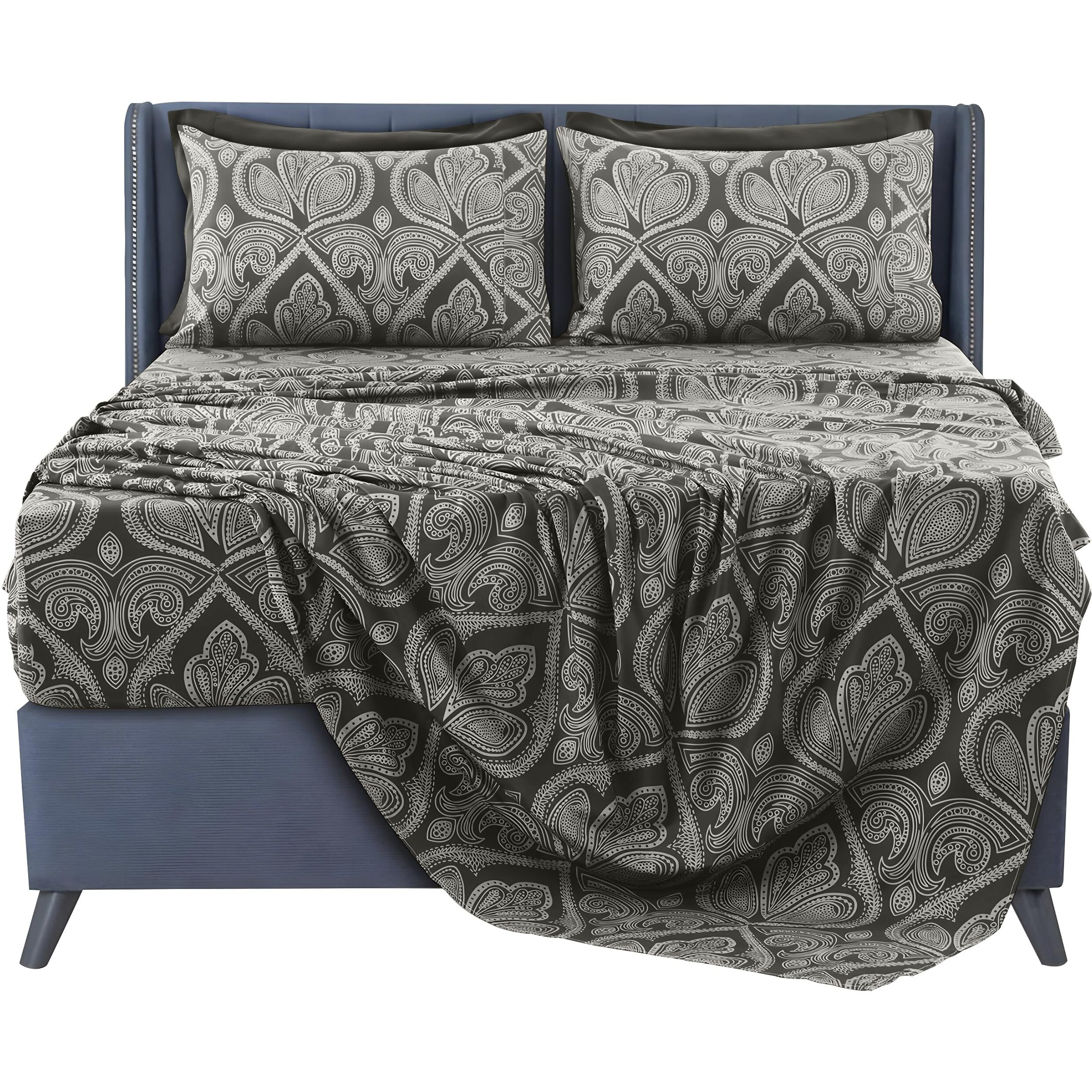 Lux Decor Queen Sheet Set, 6-Pc Cooling Bed Set, Breathable Hotel Style Sheets, Microfiber Sheets Deep Pockets, Easy-Fit, Soft & Wrinkle Free Oeko-Tex Paisley Bed Sheets (Queen, Grey)