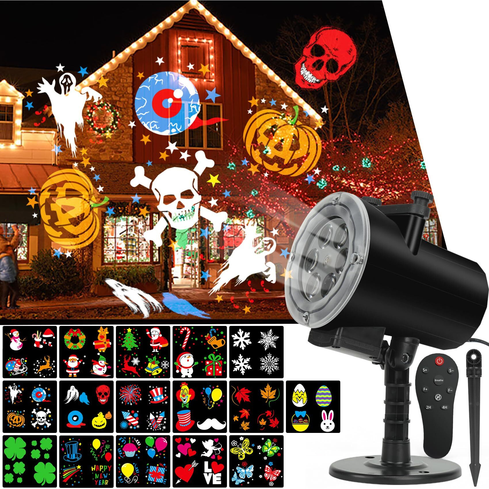 Christmas Halloween Lights Projector,Holiday Projector Light,Waterproof Ip65 Indoor Motion Remote 10W Led Projector,16 Slides Holiday Light Party Outdoor Garden House Apartment Kids Room Night Light