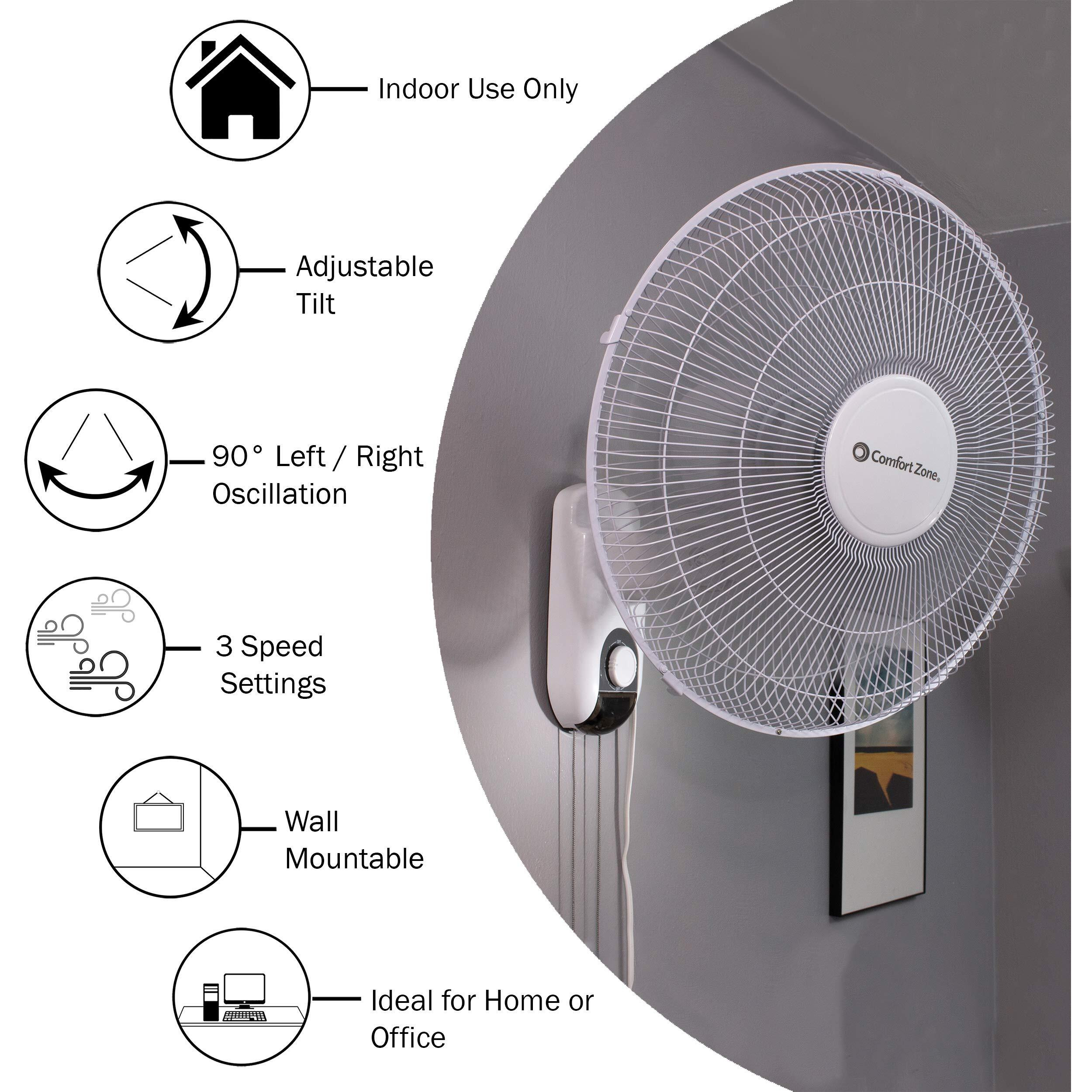 Comfort Zone Oscillating Wall Mount Fan With Adjustable Tilt, 16 Inch, 3 Speed, Metal Grille, 90 Degree Oscillation, Airflow 14.07 Ft/Sec, Ideal For Home, Bedroom, Gym & Office, Cz16W