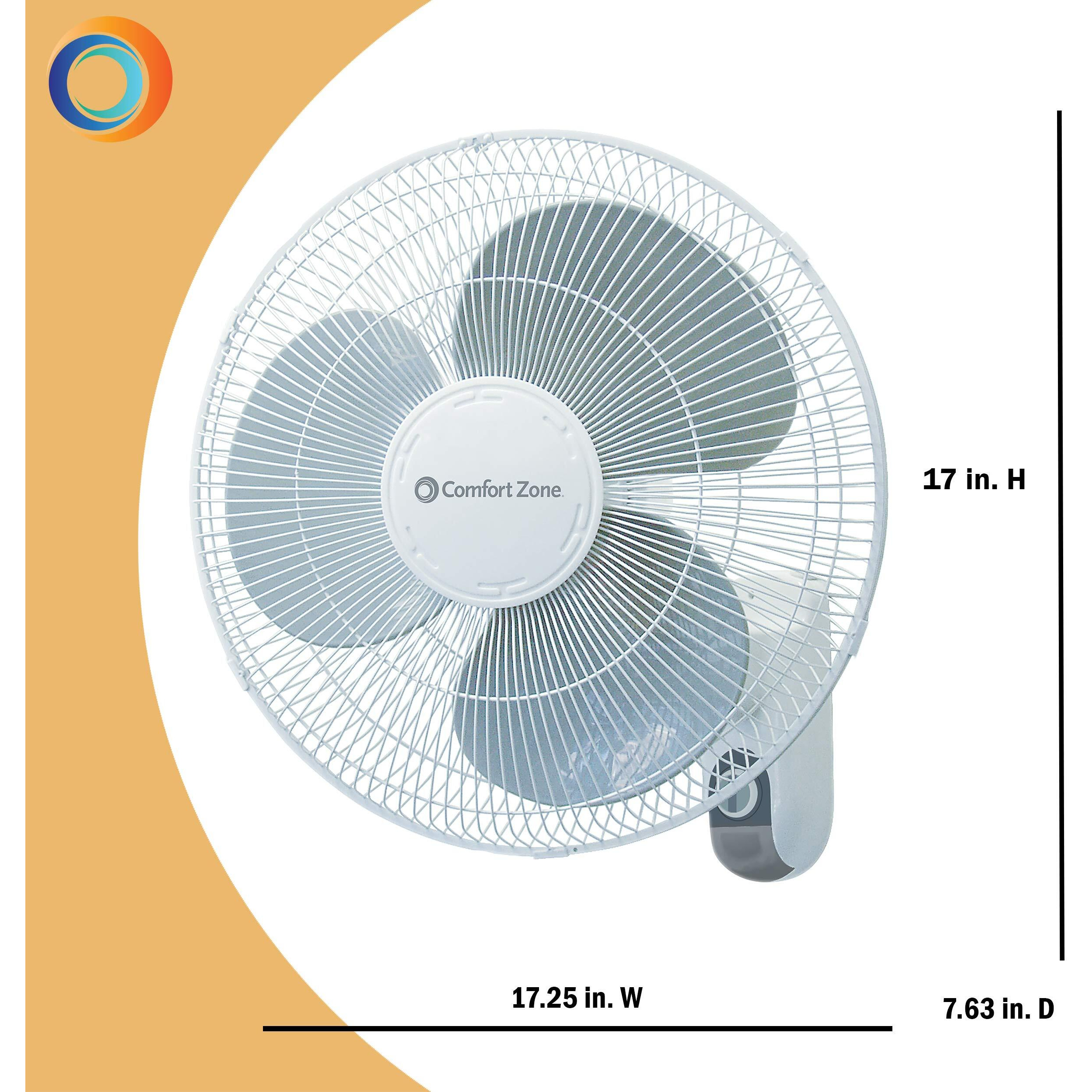 Comfort Zone Oscillating Wall Mount Fan With Adjustable Tilt, 16 Inch, 3 Speed, Metal Grille, 90 Degree Oscillation, Airflow 14.07 Ft/Sec, Ideal For Home, Bedroom, Gym & Office, Cz16W