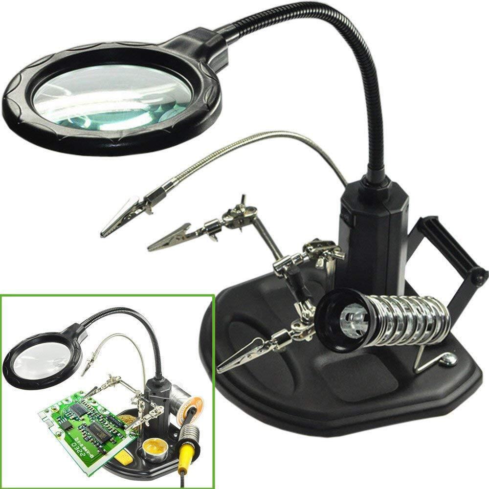Led Light Helping Hands Magnifier Station - Feita 2.5X/4X Lighted Heavy Base Magnifying Glass Stand With Auxiliary Clamp Alligator Clips - For Soldering, Assembly, Repair, Workshop, Hobby And Crafts