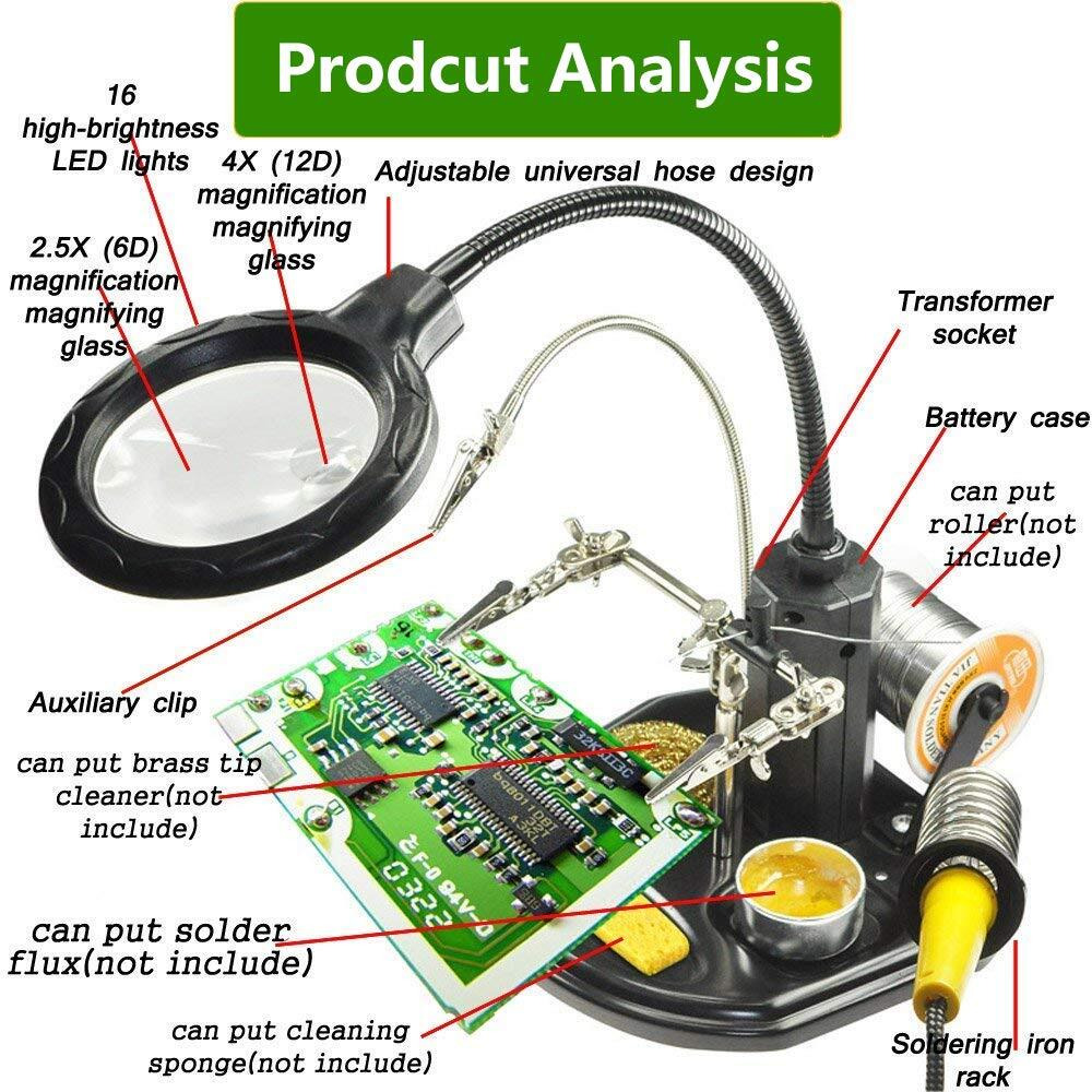 Led Light Helping Hands Magnifier Station - Feita 2.5X/4X Lighted Heavy Base Magnifying Glass Stand With Auxiliary Clamp Alligator Clips - For Soldering, Assembly, Repair, Workshop, Hobby And Crafts