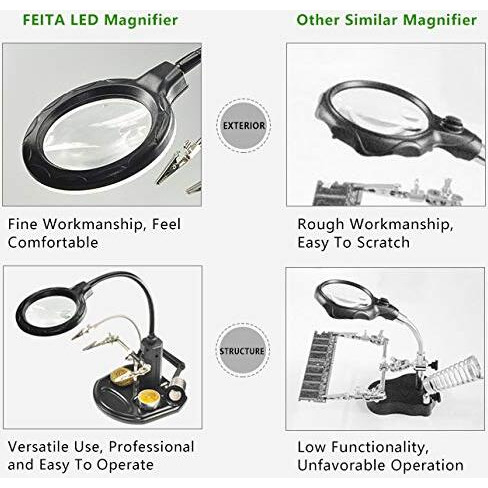 Led Light Helping Hands Magnifier Station - Feita 2.5X/4X Lighted Heavy Base Magnifying Glass Stand With Auxiliary Clamp Alligator Clips - For Soldering, Assembly, Repair, Workshop, Hobby And Crafts