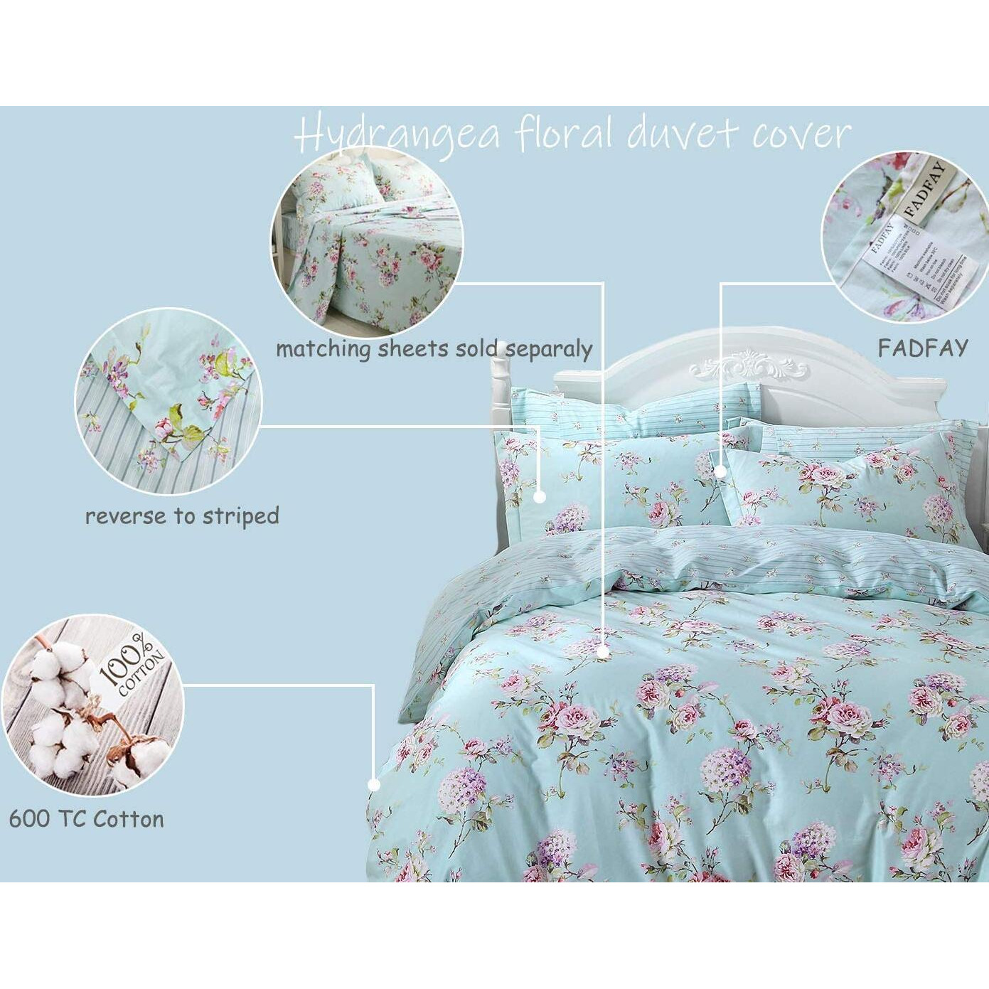 Fadfay French Country Duvet Cover Set King/California King 100% Cotton Floral Bedding Farmhouse Hydrangea Flower And Rose Floral Shabby Comforter Covers With Hidden Zipper - No Filling