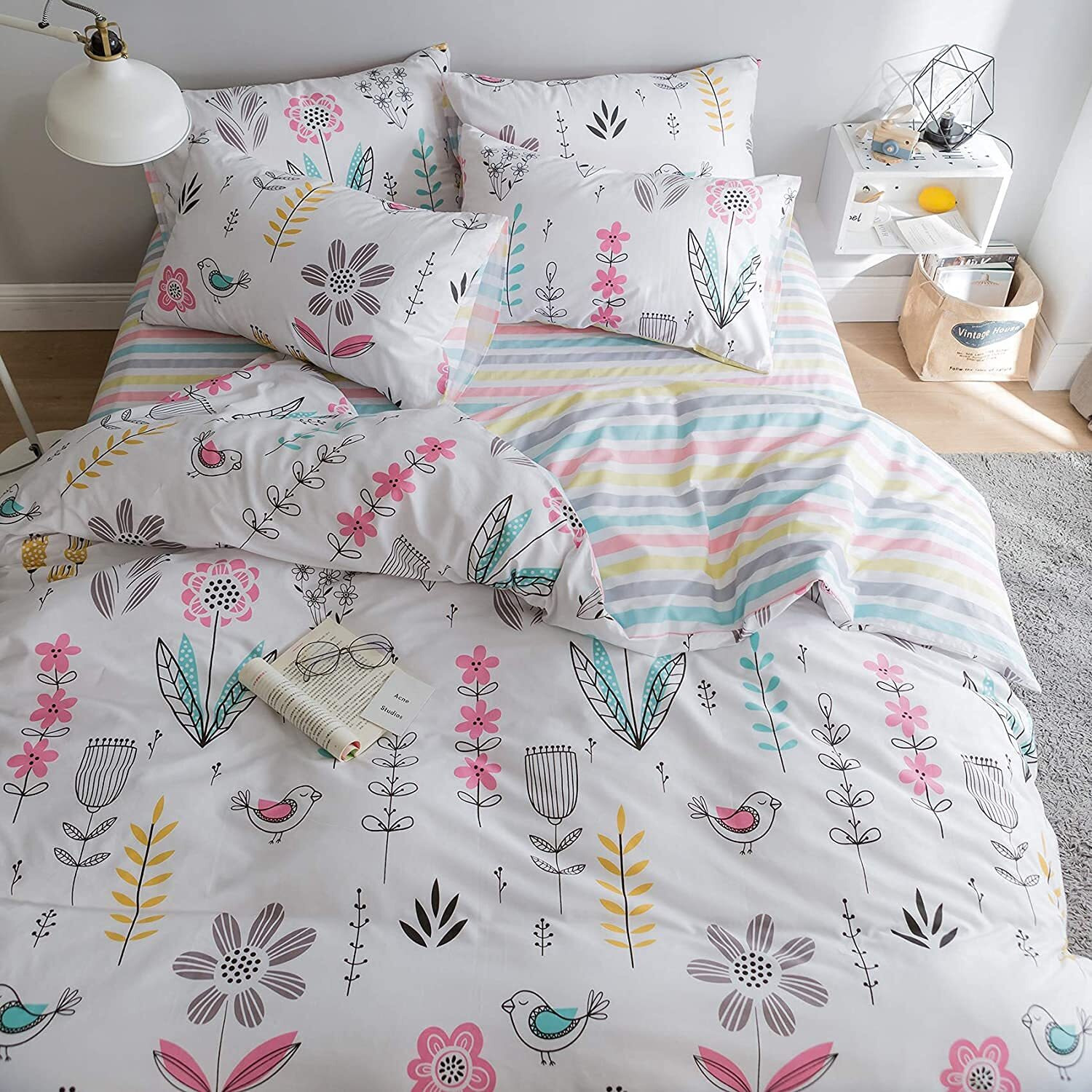 Bulutu Floral Bird Print Pattern Girls Duvet Cover Twin White Premium Cotton Nature Blossom Colorful Reversible Kids Bedroom Comforter Cover Bedding Sets For Teen Toddler,Zipper Closure