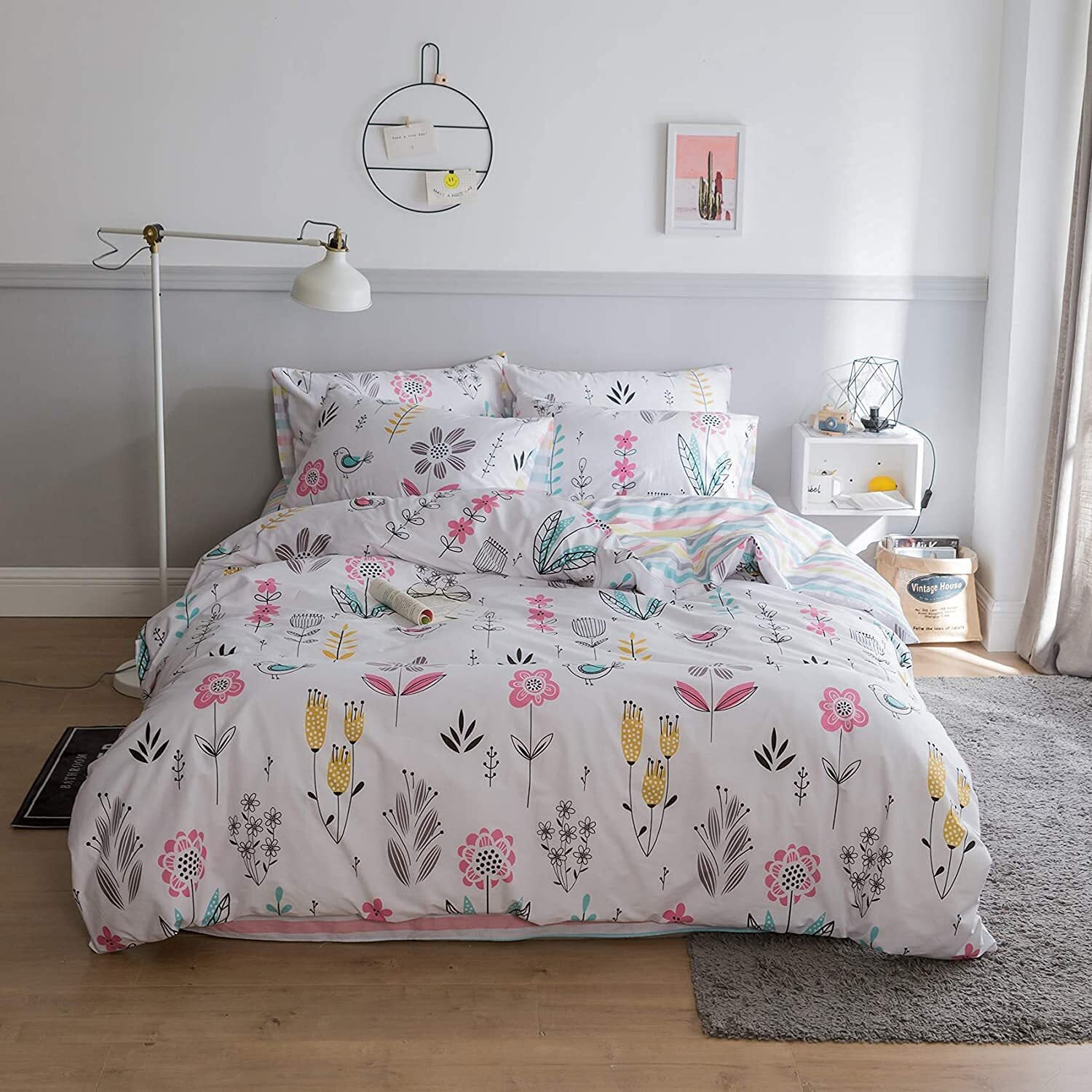 Bulutu Floral Bird Print Pattern Girls Duvet Cover Twin White Premium Cotton Nature Blossom Colorful Reversible Kids Bedroom Comforter Cover Bedding Sets For Teen Toddler,Zipper Closure