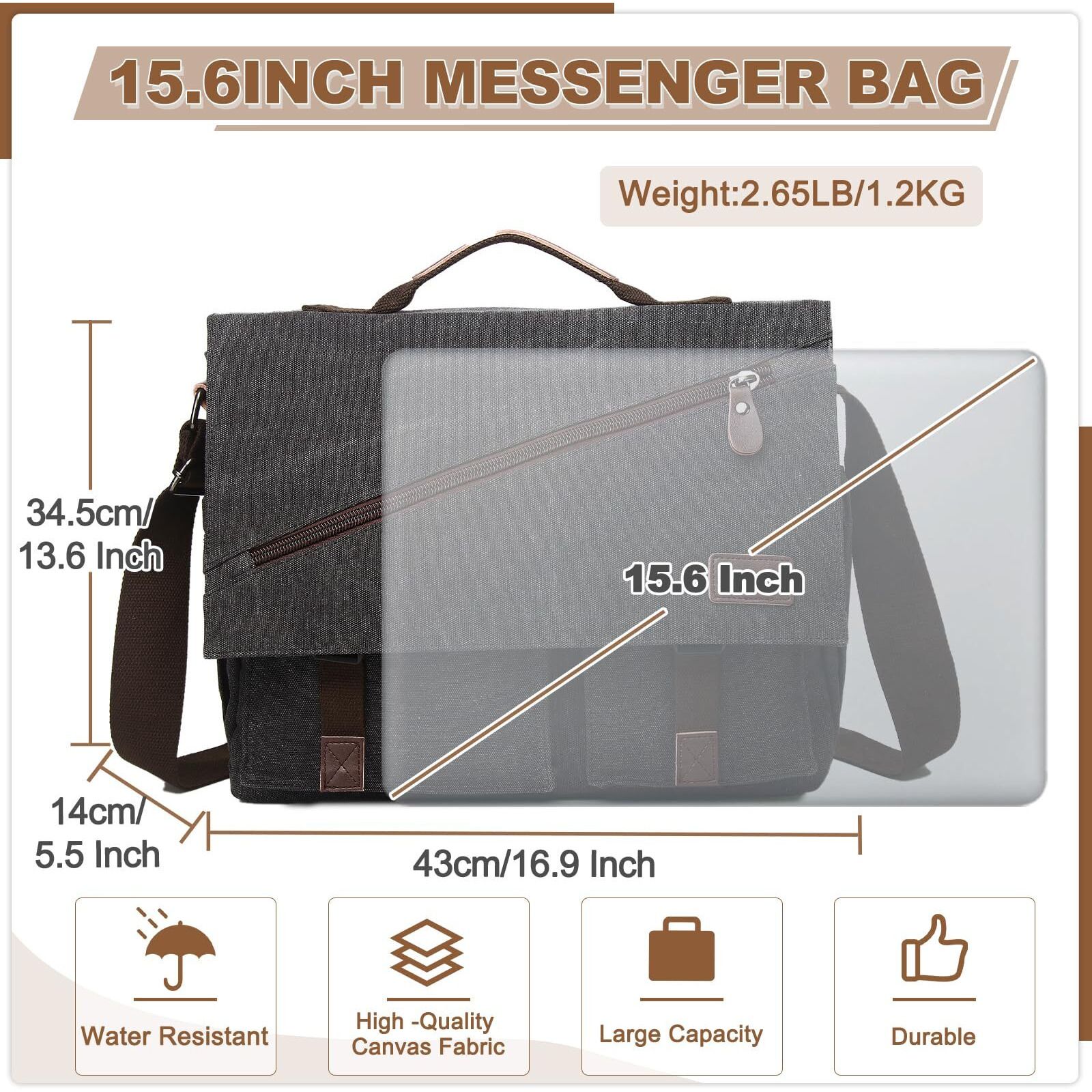 Ravuo Messenger Bag For Men,Water Resistant Canvas Satchel 15.6 Inch Laptop Briefcases Business Shoulder Crossbody Bag