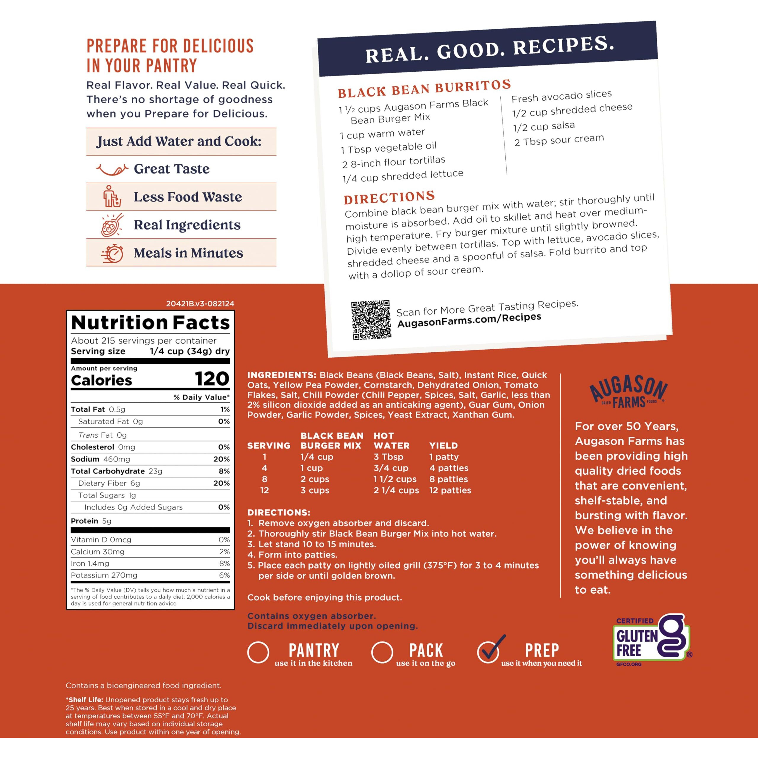 Augason Farms Black Bean Burger Mix 4-Gallon Pail, Certified Gluten Free, Emergency Food Supply, Everyday Meals, 215 Servings
