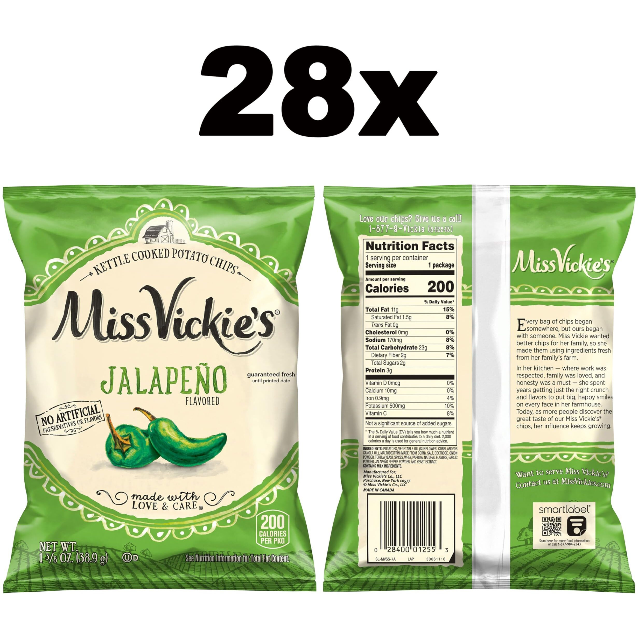 Miss Vickie's Kettle Cooked Potato Chips, Jalapeno, 1.375 Ounce (Pack Of 28)