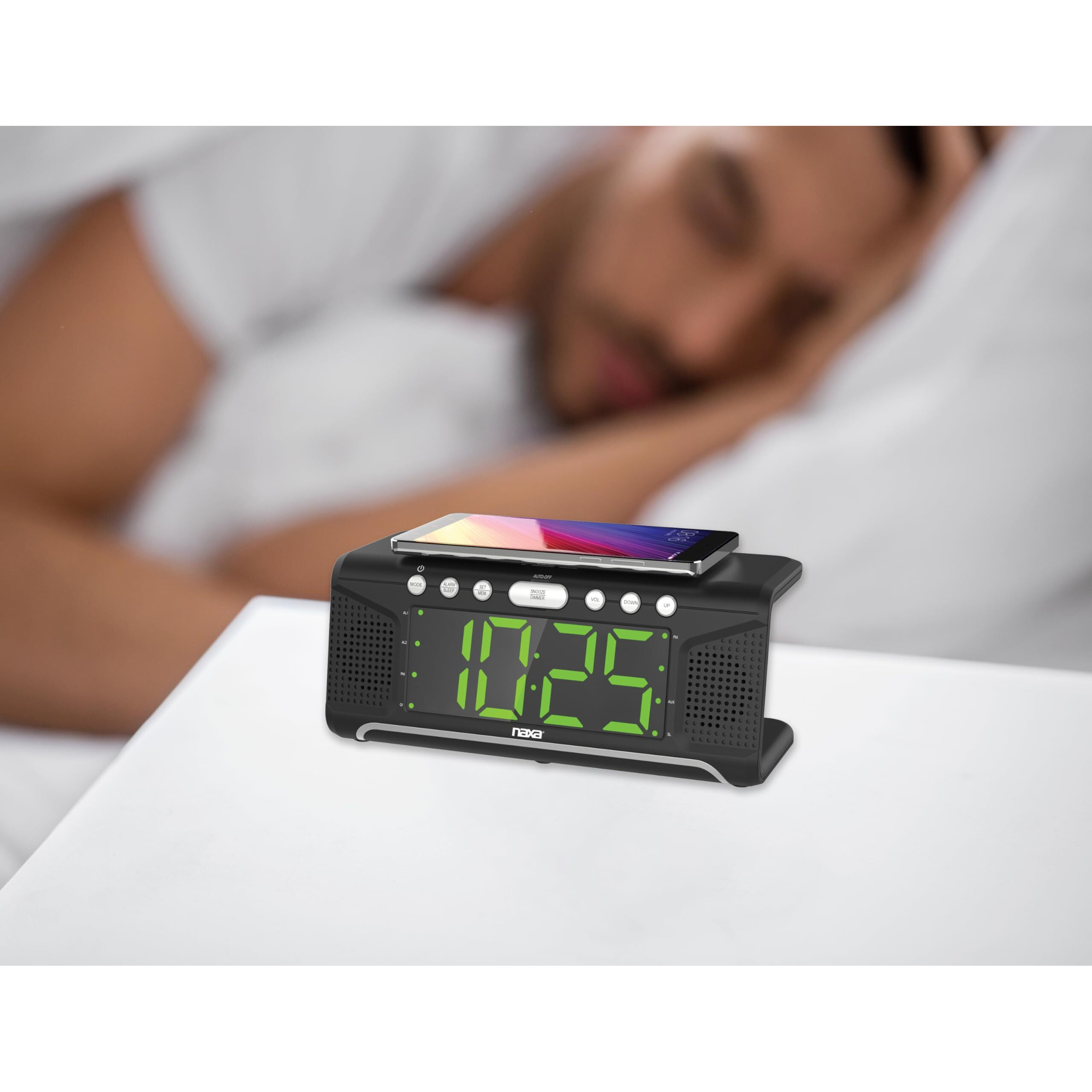 Naxa Electronics Nrc-190 Dual Alarm Clock With Qi Wireless Charging Function For Smartphones/Ipod/Iphone/Tablets, Led Display, Black
